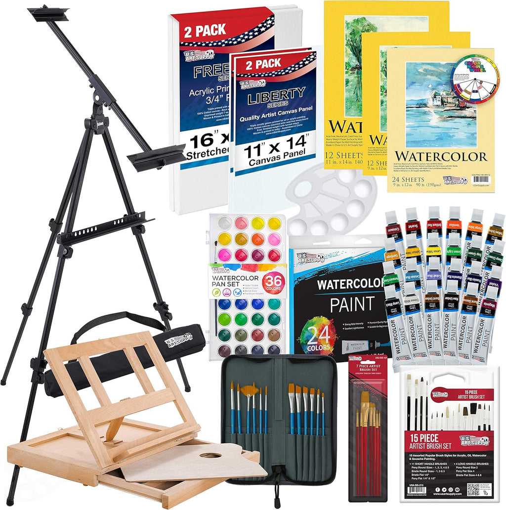 U.S Ar Suppl 70-Piec Artis Watercolo Paintin Se wit Aluminu Fiel Easel Woo Tabl Easel 6 Watercolo Pain Colors 3 Brushes Stretche Canvases Canva Panels Pape Paintin Pad
