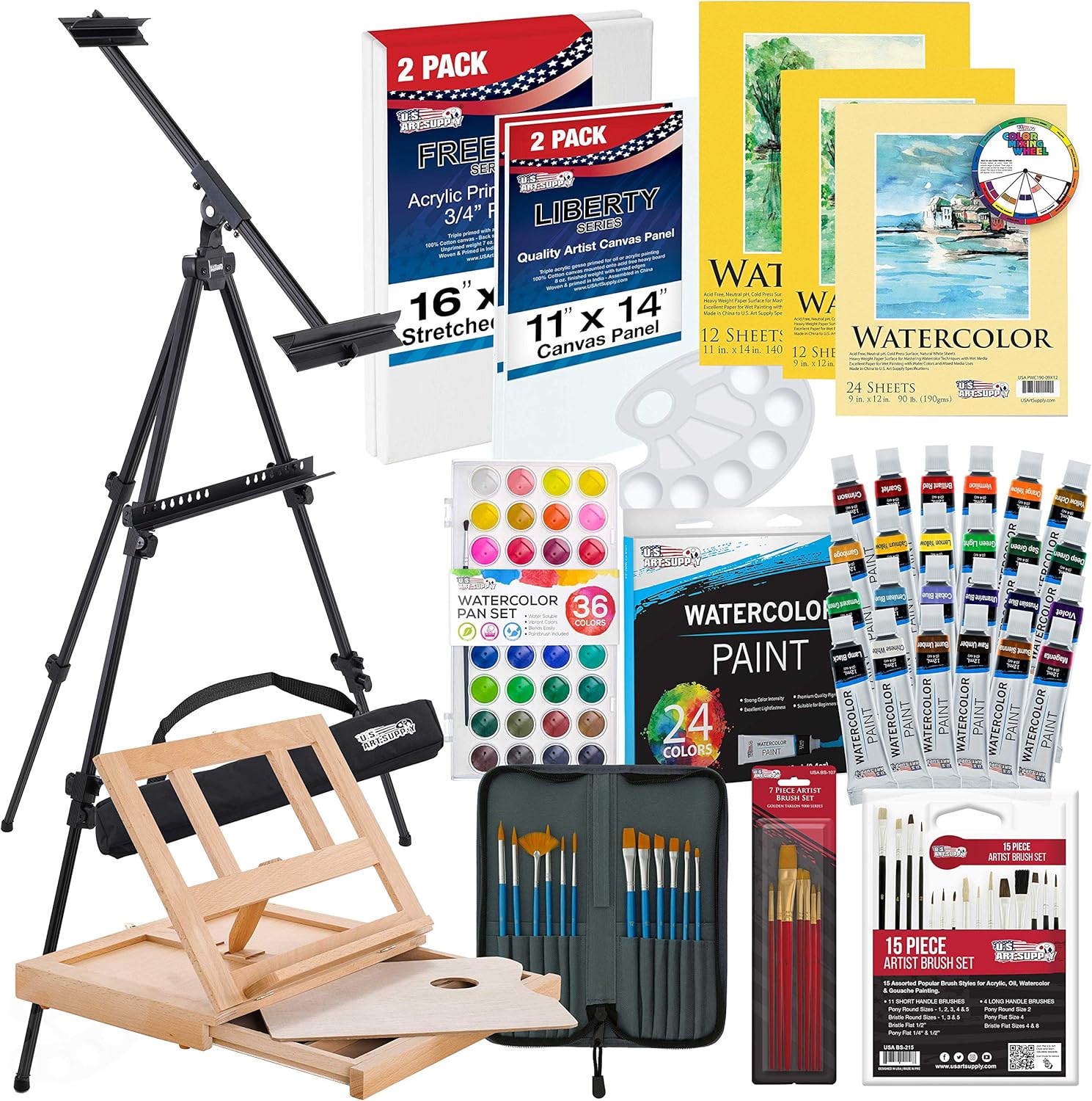 U.S Ar Suppl 70-Piec Artis Watercolo Paintin Se wit Aluminu Fiel Easel Woo Tabl Easel 6 Watercolo Pain Colors 3 Brushes Stretche Canvases Canva Panels Pape Paintin Pad