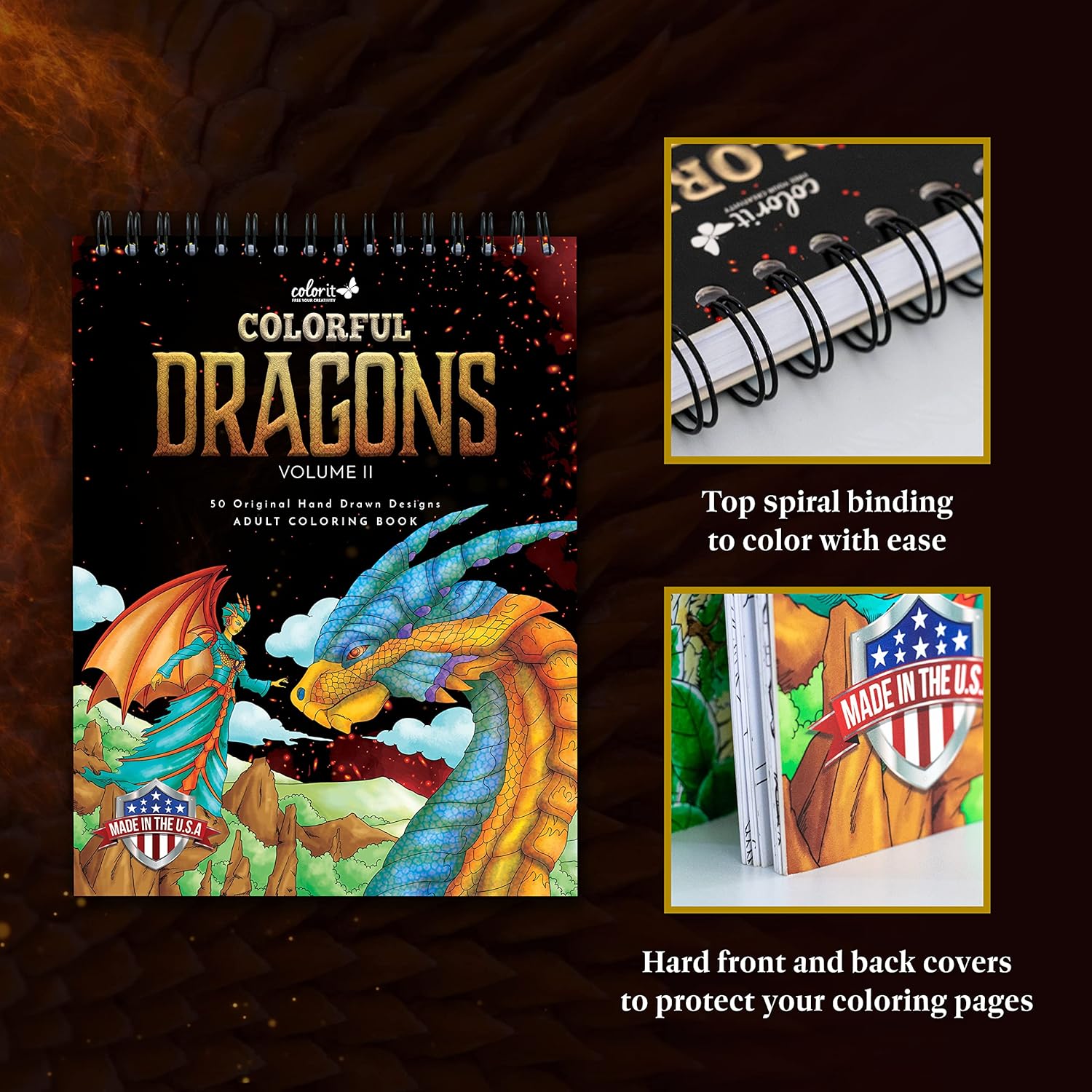 ColorI Colorfu Dragon Adul Colorin Boo fo Women Volum I 5 Single-Side Designs Thic Smoot Paper La Fla Hardbac Covers Spira Bound Drago Colorin Pages