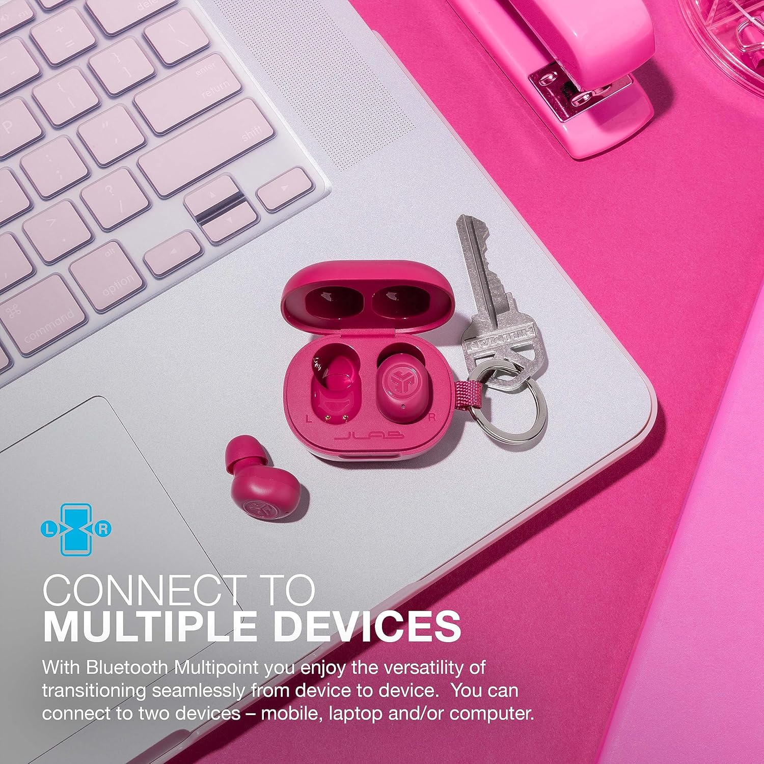Mini True Wireless Bluetooth Earbuds + Charging Case, Hot Pink, IP55 Sweat and Dust Proof, Bluetooth Multipoint, Be Aware Audio, 3 EQ Sound Settings, Crystal Clear Calls