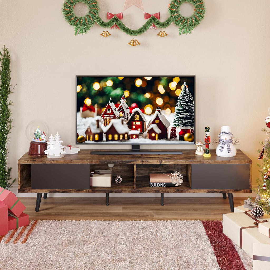 Bestier 70 inch Mid Century Modern TV Stand for 75 inch TV, Low Profile TV Stand with Storage, Entertainment Center for Living Room, Cord Management, Rustic Black