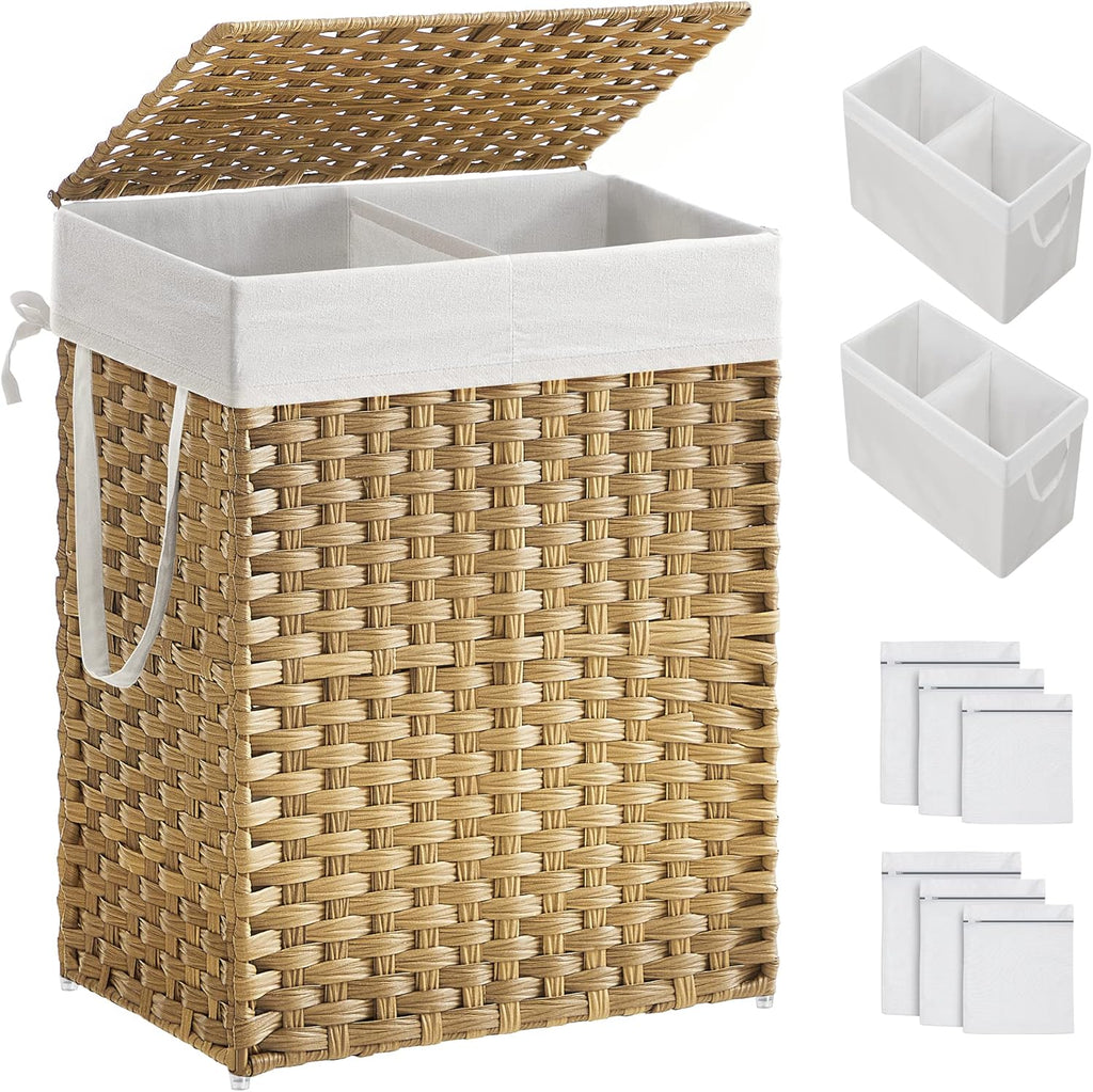 Laundry Hamper with Lid, 90L Clothes Hamper with 2 Removable Liner Bags, 6 Mesh Bags, Wicker Laundry Basket, Double Laundry Hamper for Bathroom, 13 x 18.1 x 23.6 Inches, Natural ULCB251N01V1