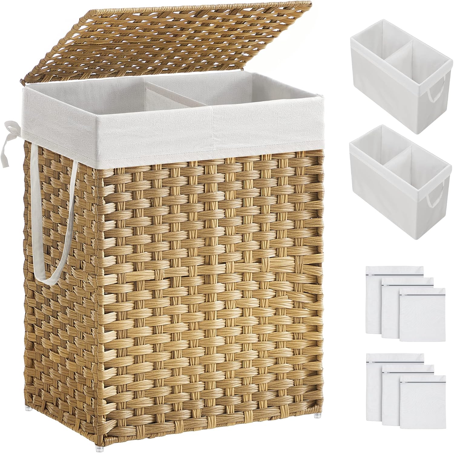 Laundry Hamper with Lid, 90L Clothes Hamper with 2 Removable Liner Bags, 6 Mesh Bags, Wicker Laundry Basket, Double Laundry Hamper for Bathroom, 13 x 18.1 x 23.6 Inches, Natural ULCB251N01V1