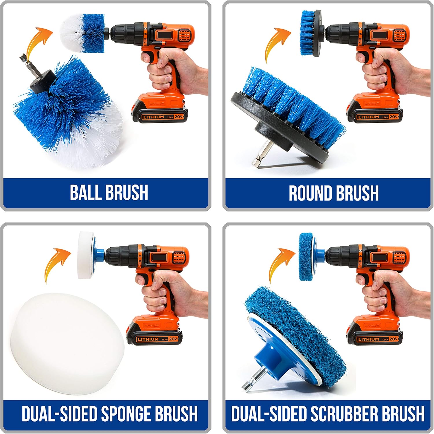 RevoClea Piec Scru Brus Powe Dril Attachments-Al Purpos Tim Savin Kit-Perfec fo Cleanin Grout Tile Counter Shower Grill Floor Kitchen Blu White
