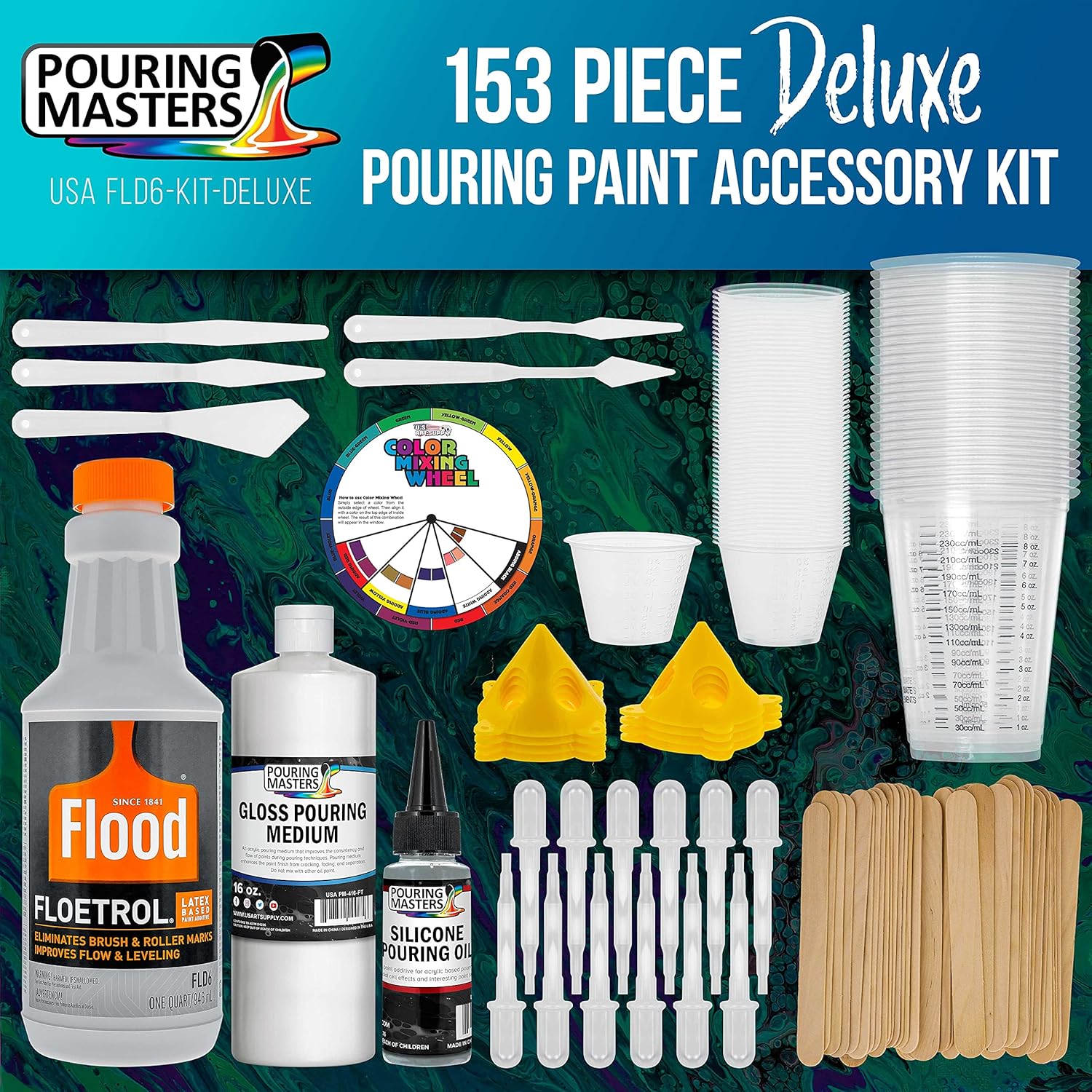 U.S Ar Suppl  Quar Floetro Additiv Pourin Suppl Pain Mediu Delux Ki fo Mixing Epoxy Resi Silicon Oil, an 1 Ounc Plasti Cups Min Paintin Stands Sticks Pallet Knifes