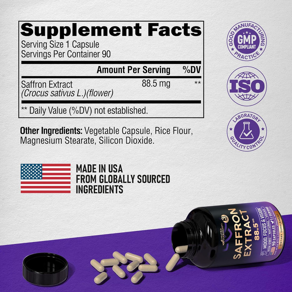 Natural Saffron Supplements - Pure Saffron Extract 88.5 mg - Made in USA - Mood | Focus | Vision | Energy Support - Eye Health for Women & Men - NonGMO Vegan Pills - 90 Powder Capsules, 3 Month Supply
