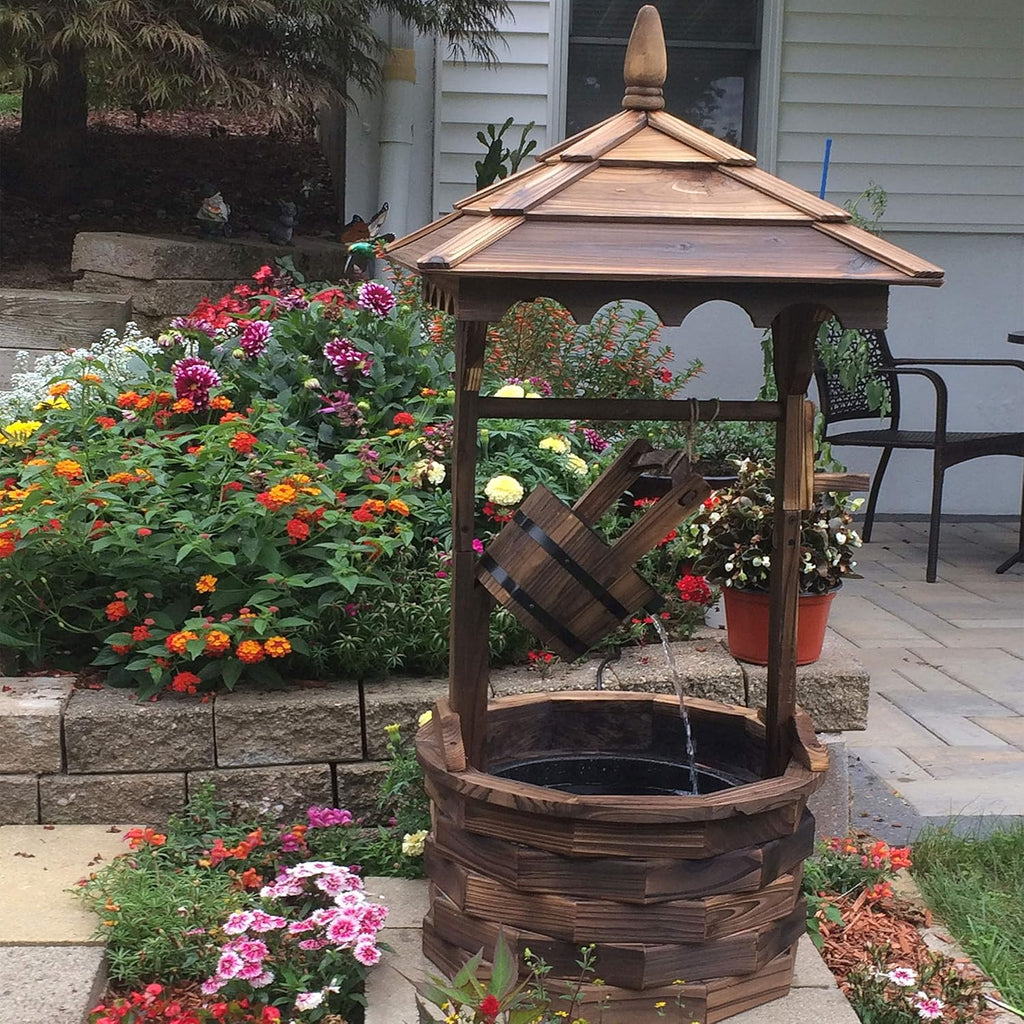 Sunnydaz Electri Wate Fountai Outdoo 48-Inc Old-Fashione Woode Wishin Wel Garde Fountai fo Garden Patio Decks
