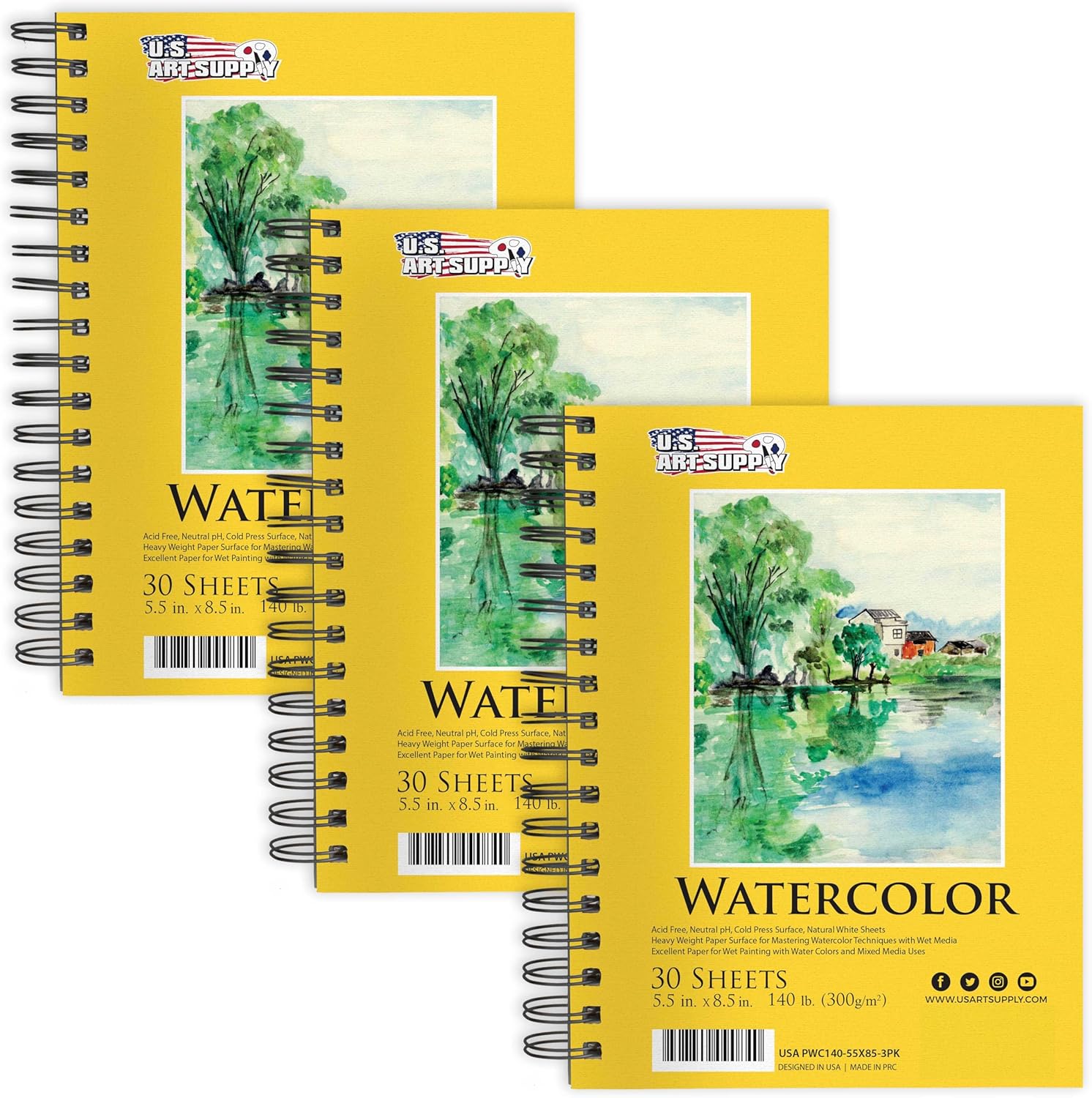 U.S. Art Supply 5.5inch x 8.5inch Premium Heavyweight Watercolor Paper Pad, Pack of 3 (30 Sheets Each), 140lb (300gsm) - Spiral Bound, Cold Pressed, Acid-Free, Wet, Water Color Paper - For Artists, Students
