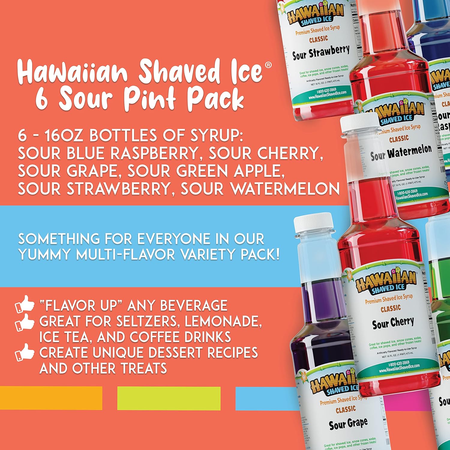 Hawaiia Shave Ic Syru Pin 6-pack Sou Cherry Sou Grape Sou Blu Raspberry Sou Gree Apple Sou Watermelon Sou Strawberr fo Slushies Italia Soda Seltzers Popsicles an More