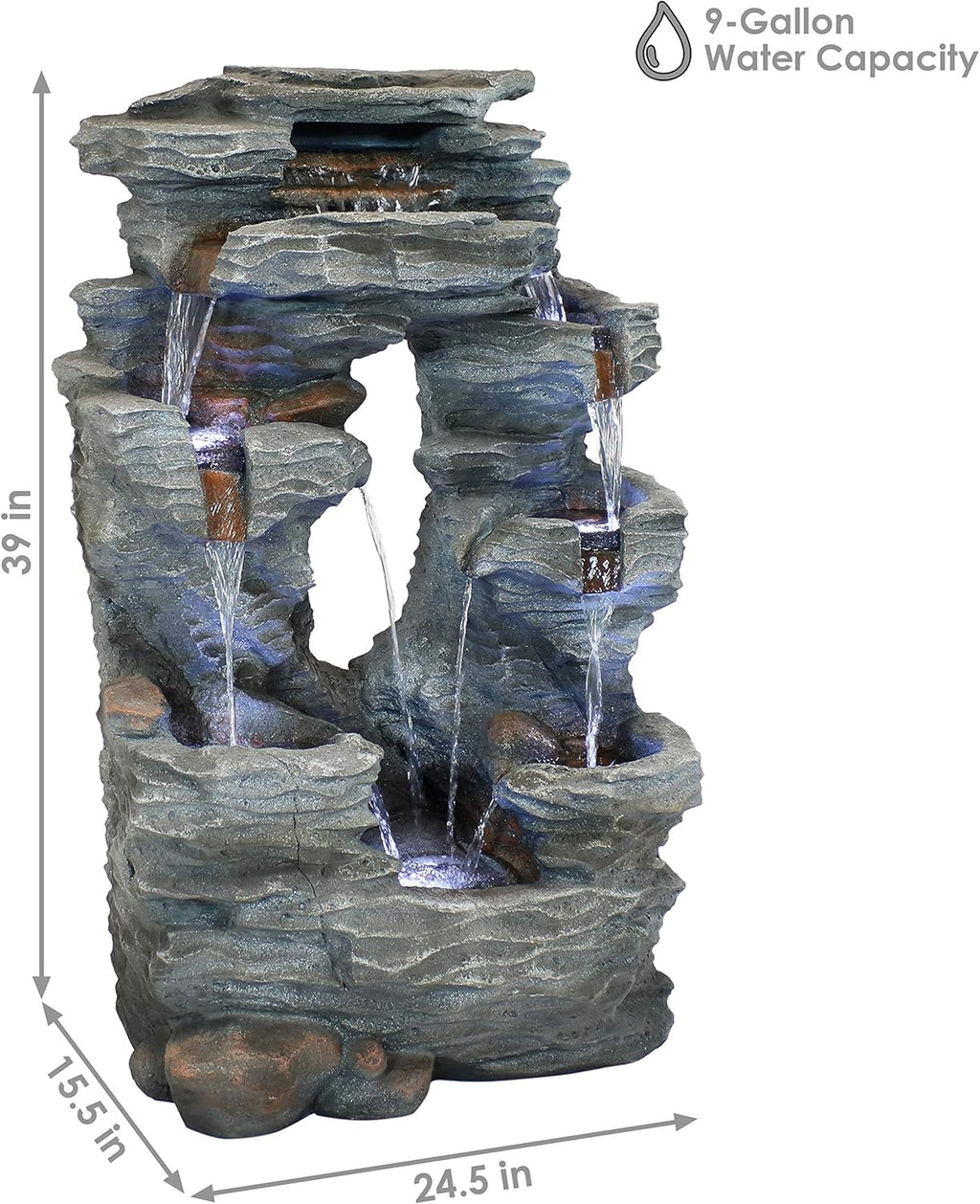 Sunnydaz Dua Cascadin Roc Fall 39-Inc Outdoo Wate Fountai wit LE Light Electri Submersibl Pump