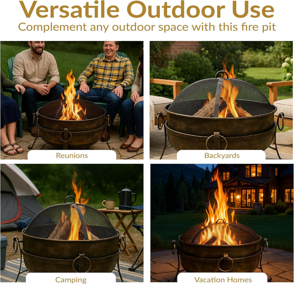 Sunnydaze 24-Inch Small Fire Pit for Outside - Wood-Burning Fire Pit Bowl for Outdoors with Spark Screen, Log Poker, and Grate