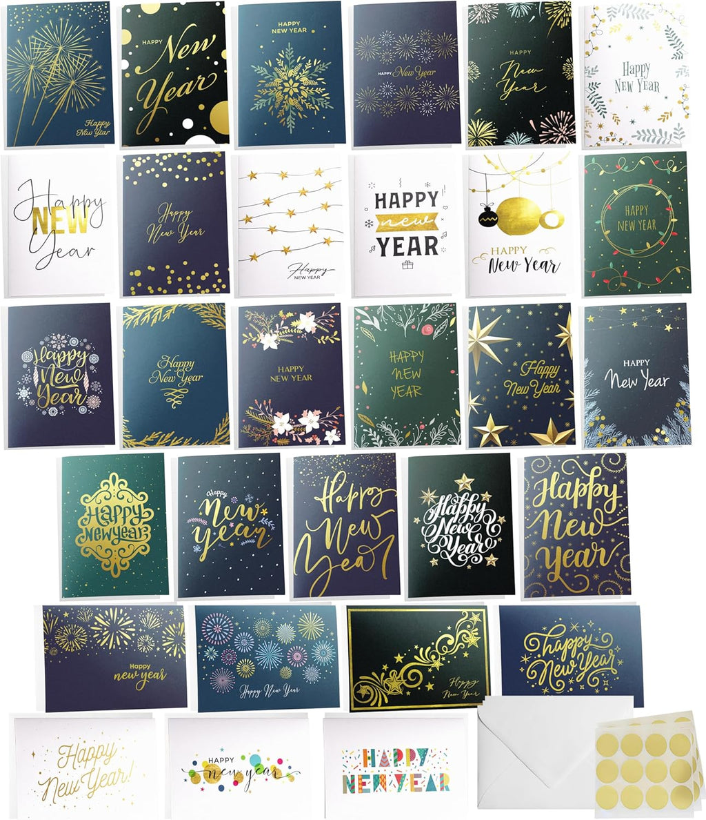 Dessie Boxed Happy New Year Cards - 30 Luxurious Large 5x7 inch Greeting Cards in Vibrant Colors with Gold Foil Accents, Short Greetings Inside. Includes 32 White Envelopes and Sturdy Storage Box