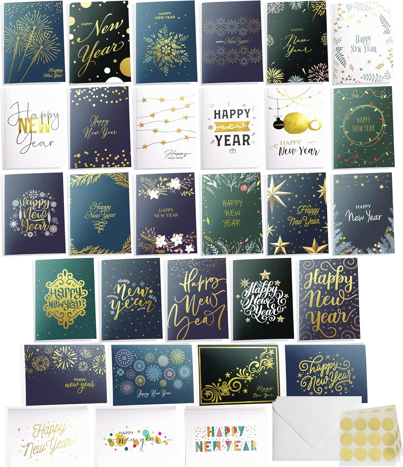 Dessie Boxed Happy New Year Cards - 30 Luxurious Large 5x7 inch Greeting Cards in Vibrant Colors with Gold Foil Accents, Short Greetings Inside. Includes 32 White Envelopes and Sturdy Storage Box