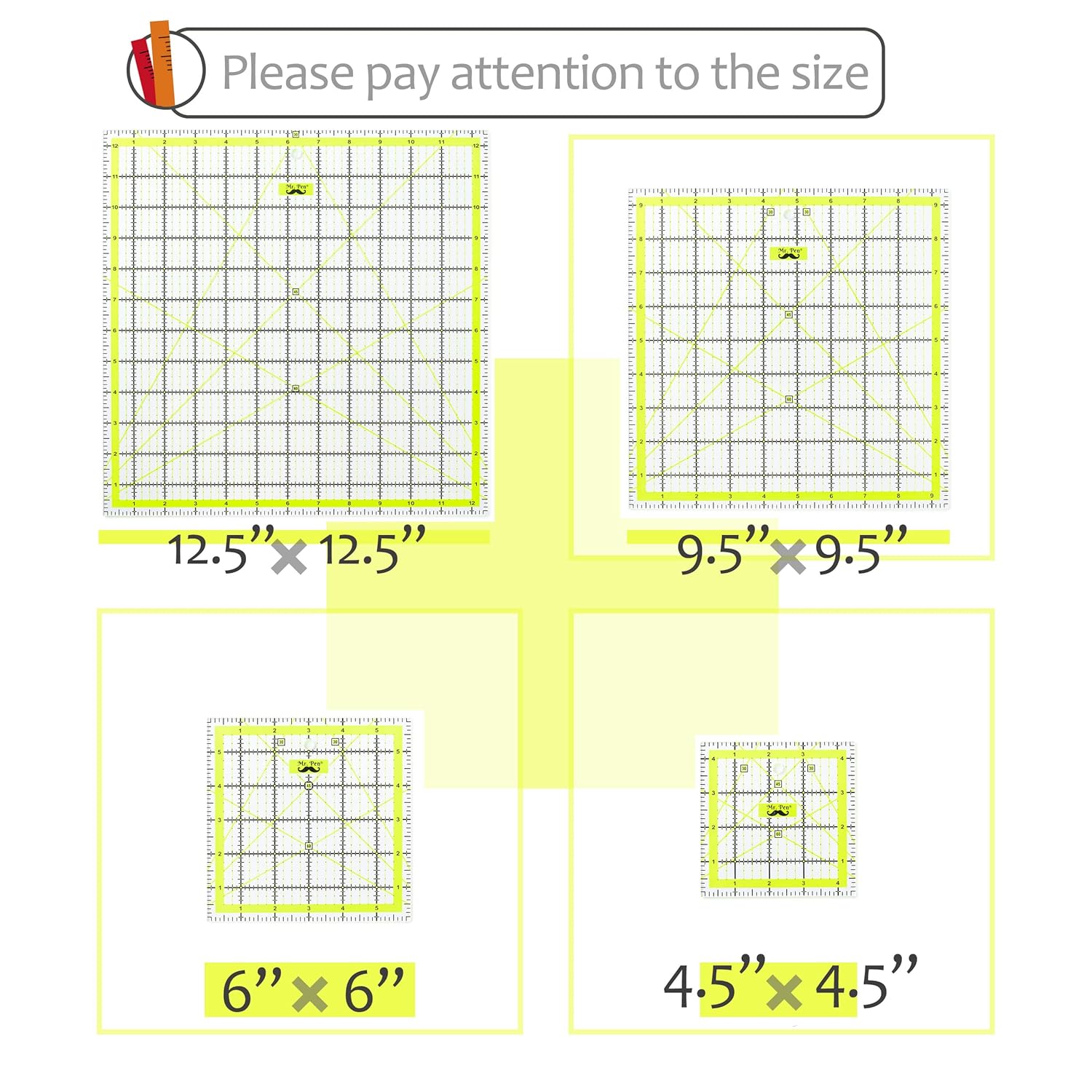 Quiltin Rule Set Pcs Size (4.5inchX4.5inch)-(6inchX6)-(9.5inchX9.5inch)-(12.5inchX12.5inch) Quiltin Squares Quil Ruler Ruler fo Quiltin an Sewing Clea Quiltin Ruler Quil Rulers Acryli Ruler