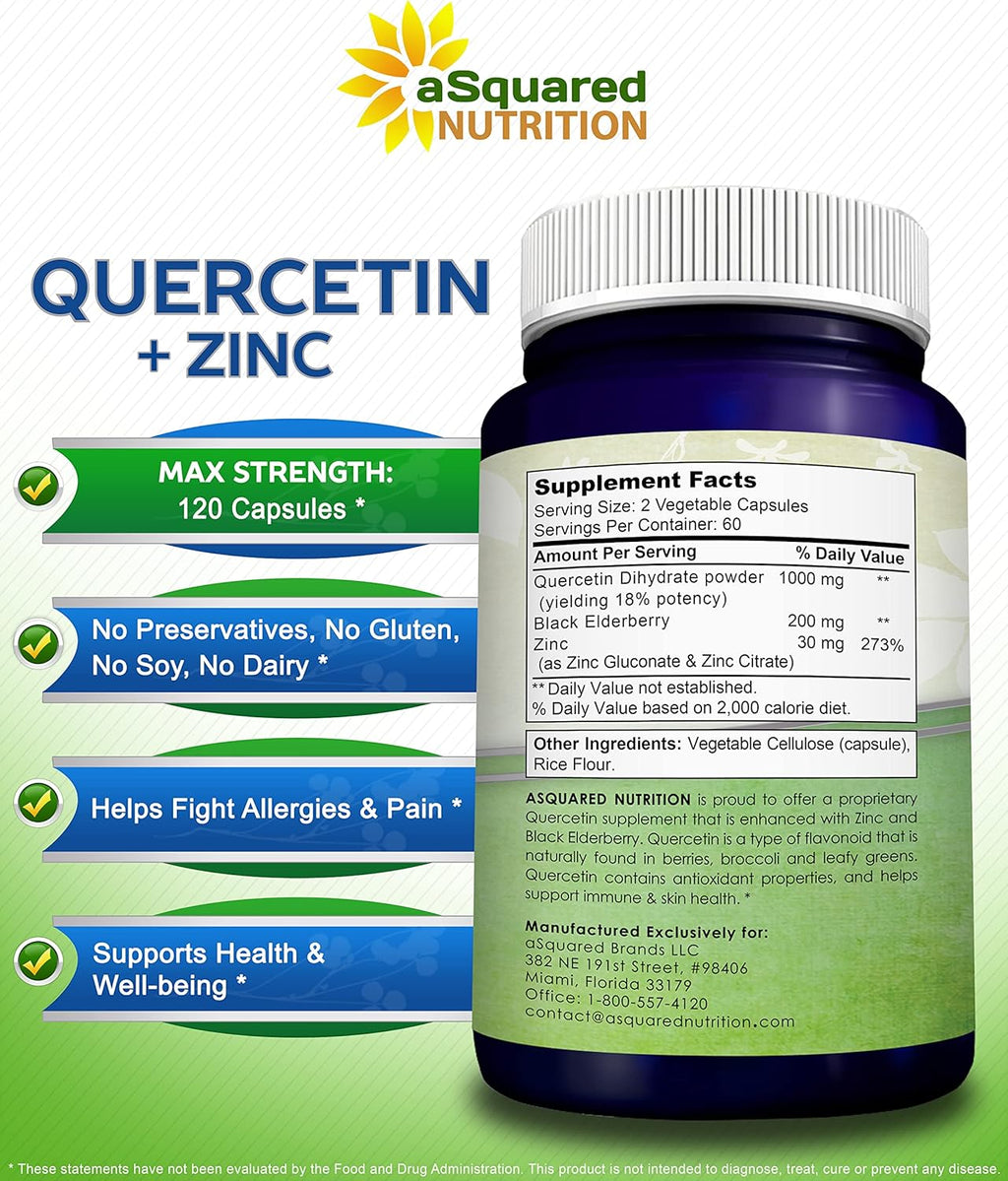 aSquare Nutritio Querceti 1000m wit Zin Supplemen 12 Capsule Querceti Dihydrat wit Blac Elderberr Zin Ma Strengt Powde Comple Pill t Hel Improv Immun Response