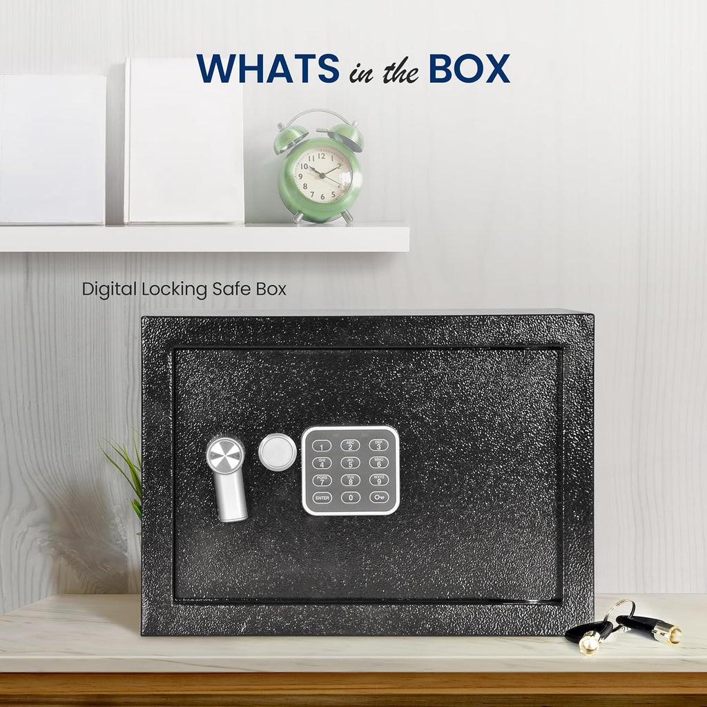 Electronic Safe Box | Heavy-Duty 12.2¡¯¡¯ x 7.8¡¯¡¯ Small Lockbox | Digital Keypad Code 2 Key Override | Compact Money Safe for Cash, Jewelry, Valuables | Wall Floor Mountable Storage