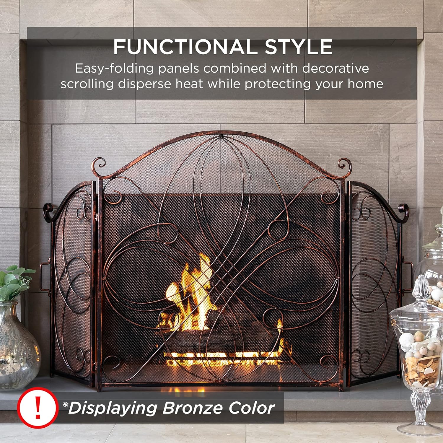Best Choice Products 3-Panel 55x33in Solid Wrought Iron See-Through Metal Fireplace Screen, Spark Guard Safety Protector w/Decorative Scroll - Black