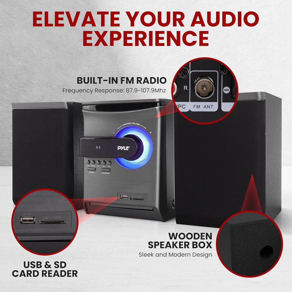 Pyle Home Stereo Shelf System ¨C 30W Bluetooth CD Player with FM Radio, USB/SD Playback, Dual 2-Way Speakers, Remote Control, Clear Sound Audio System for Home Entertainment ¨C (Black) PHSKR24