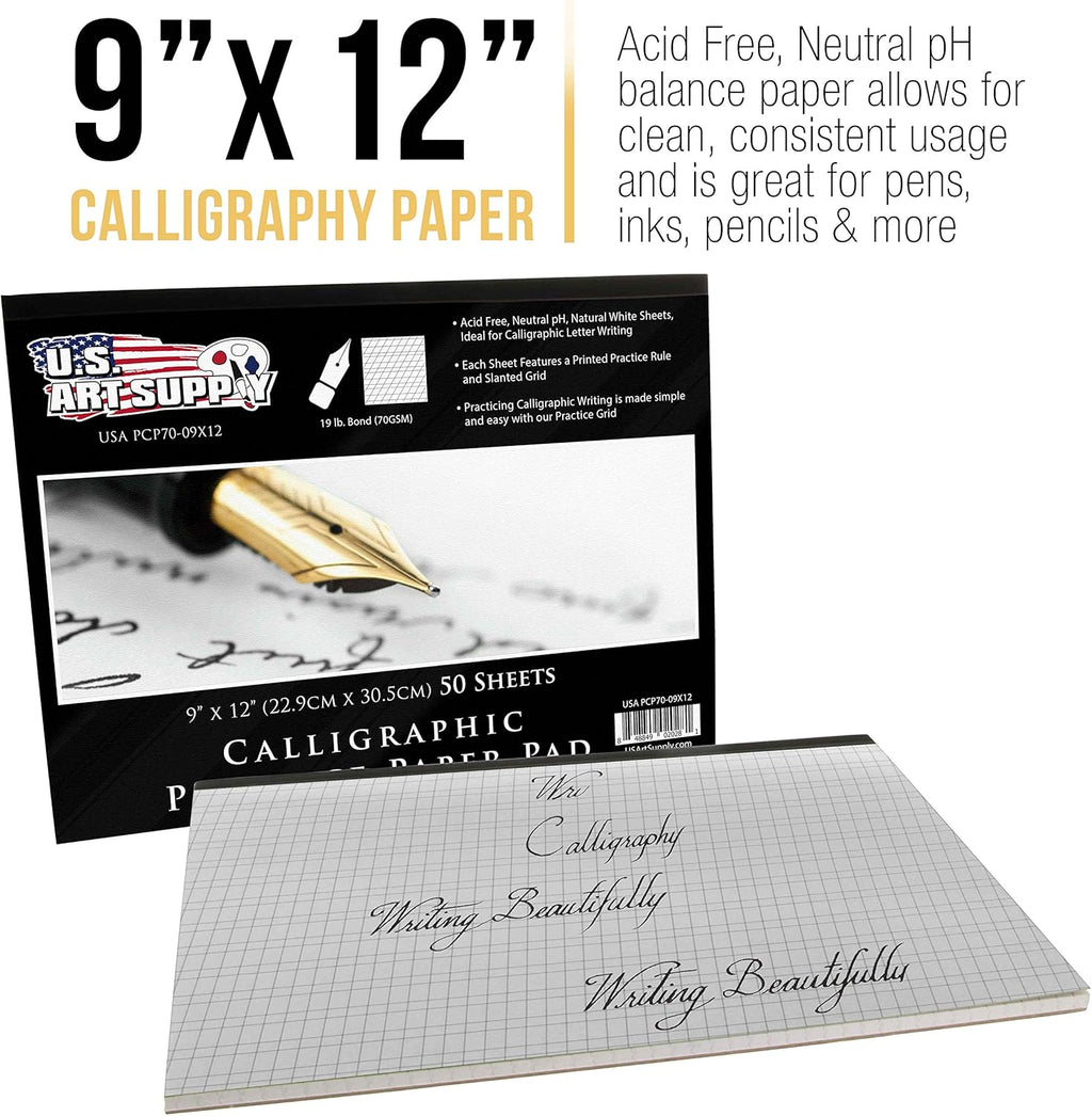 U.S Ar Suppl (Pac o Pads 9inc 12inc Premiu Calligraphi Practic Pape Pad 1 Poun Bon (70gsm) Pa o 50-Sheets Calligraph Pape wit Printe Practic Rul an Slante Grid