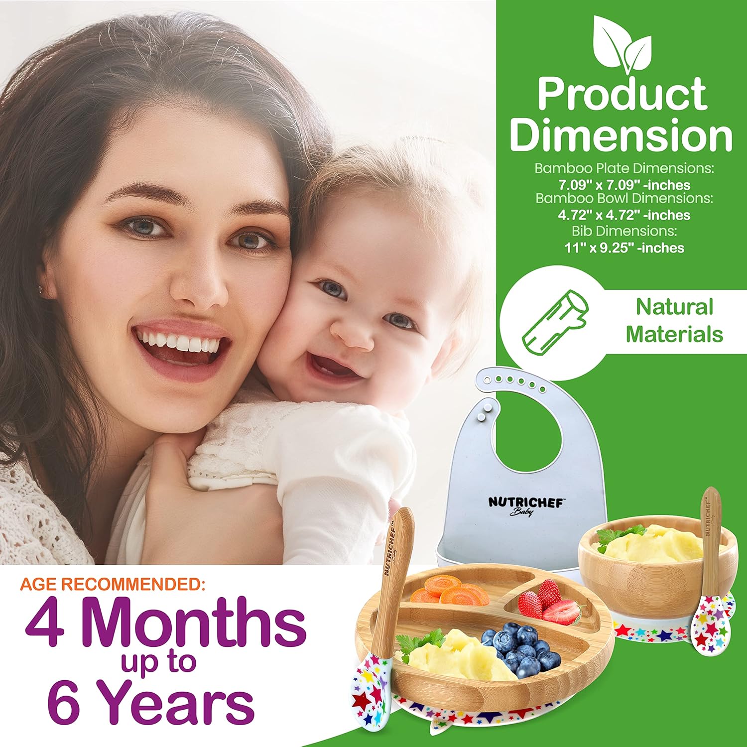 Nutriche Bab an Toddler compartmen plate bowl an spoo feedin set silico suction Non-toxi al natura Bambo bab foo plat wit silico bi (Star)