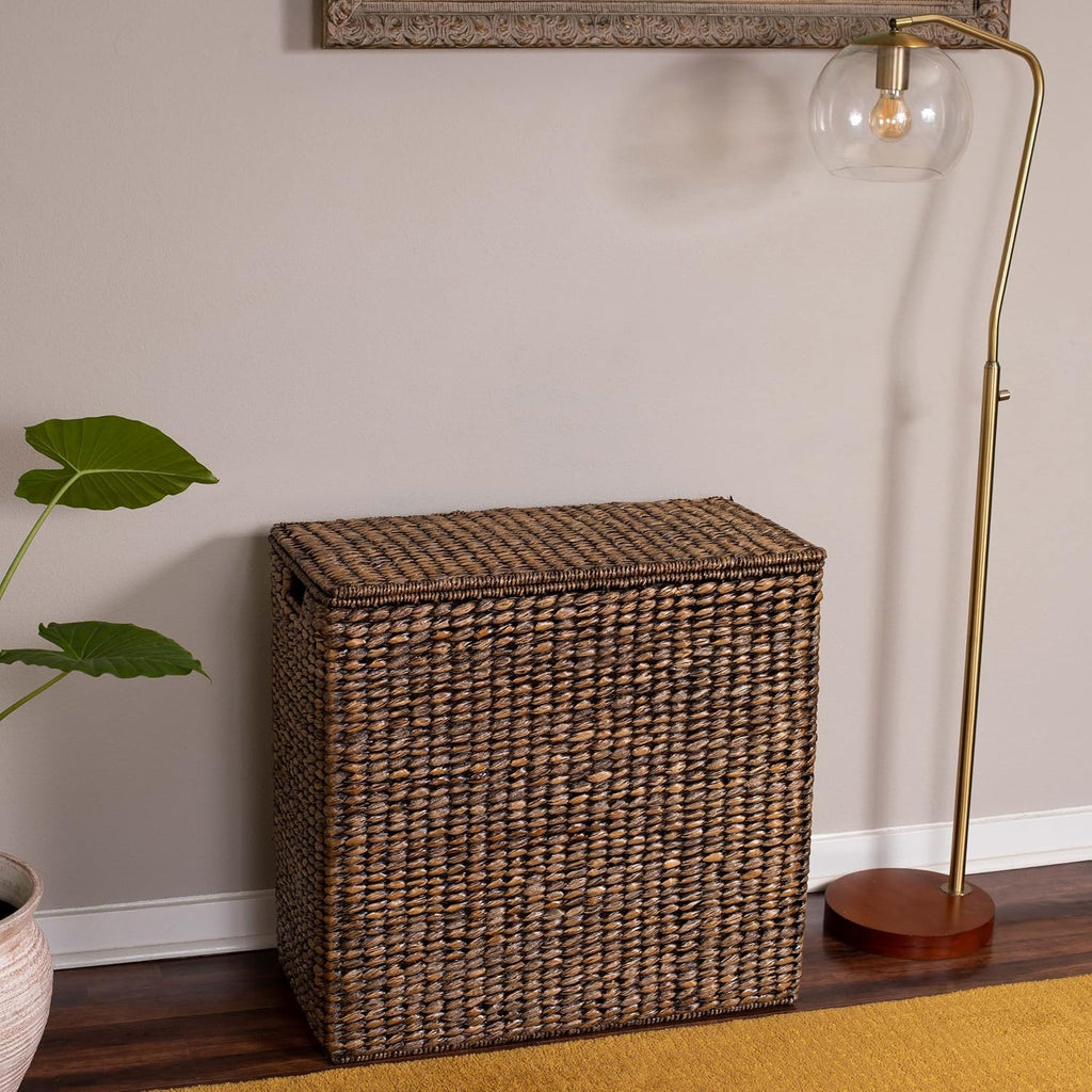 BIRDROCK HOME Oversized Dual Hampers with Lid - Handwoven Natural Seagrass Fiber Compartment Laundry Hamper w/Dual Removable Liners Bag - Split/Two Side Basket for Dirty Laundry, Clothes - Brown Wash