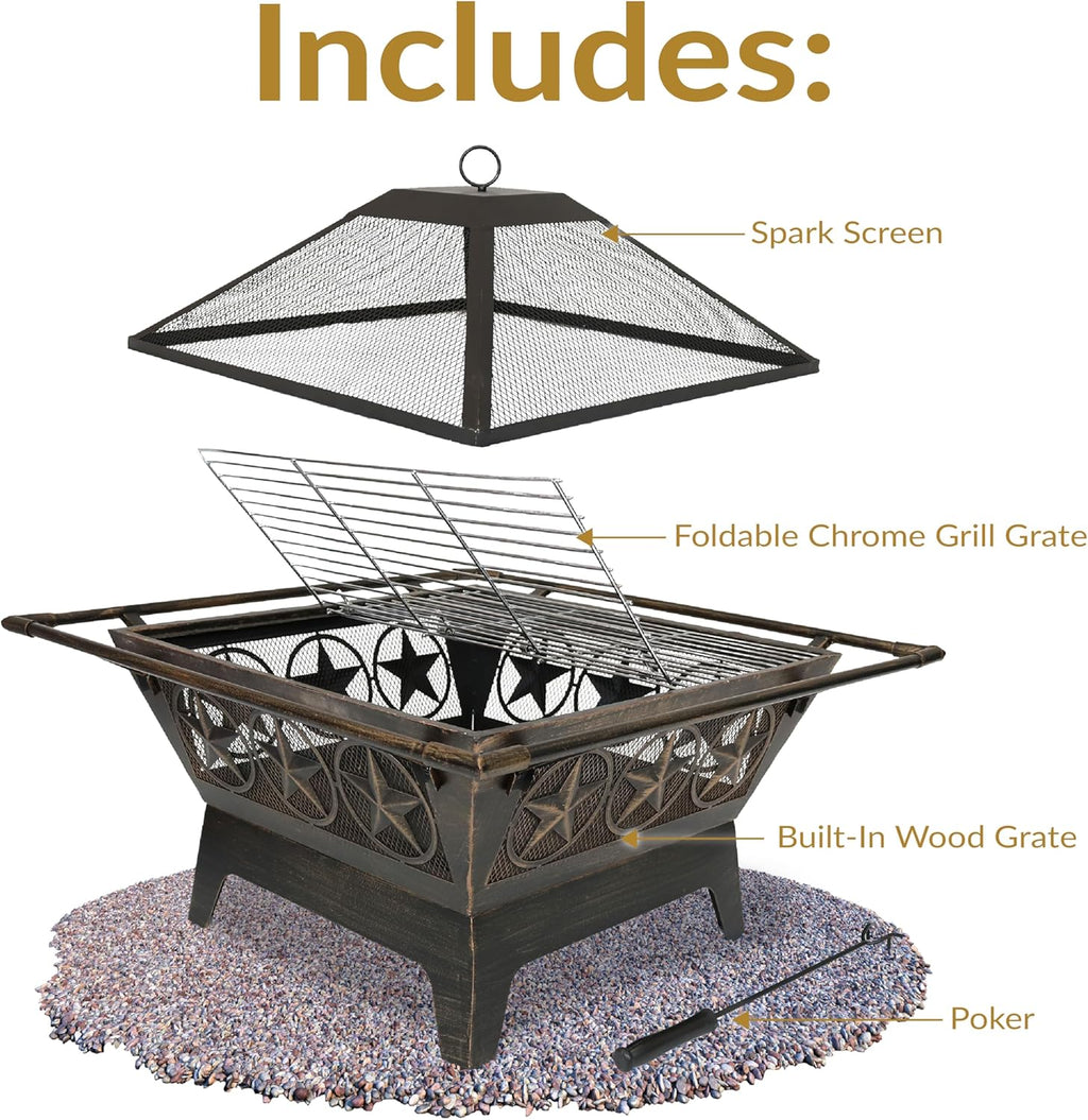 Sunnydaz Norther Galax 32-Inc Outdoo Fir Pi wit Gril Grate Spar Screen an Poke Heavy-Dut Wood-Burnin Fir Pi fo Outside