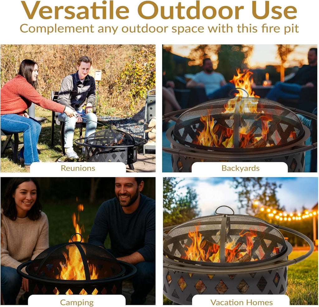 Crossweave Outdoor Fire Pit - Wood-Burning Fire Pit for Outside with Spark Screen, Poker and Round Cover - 30-Inch - Black
