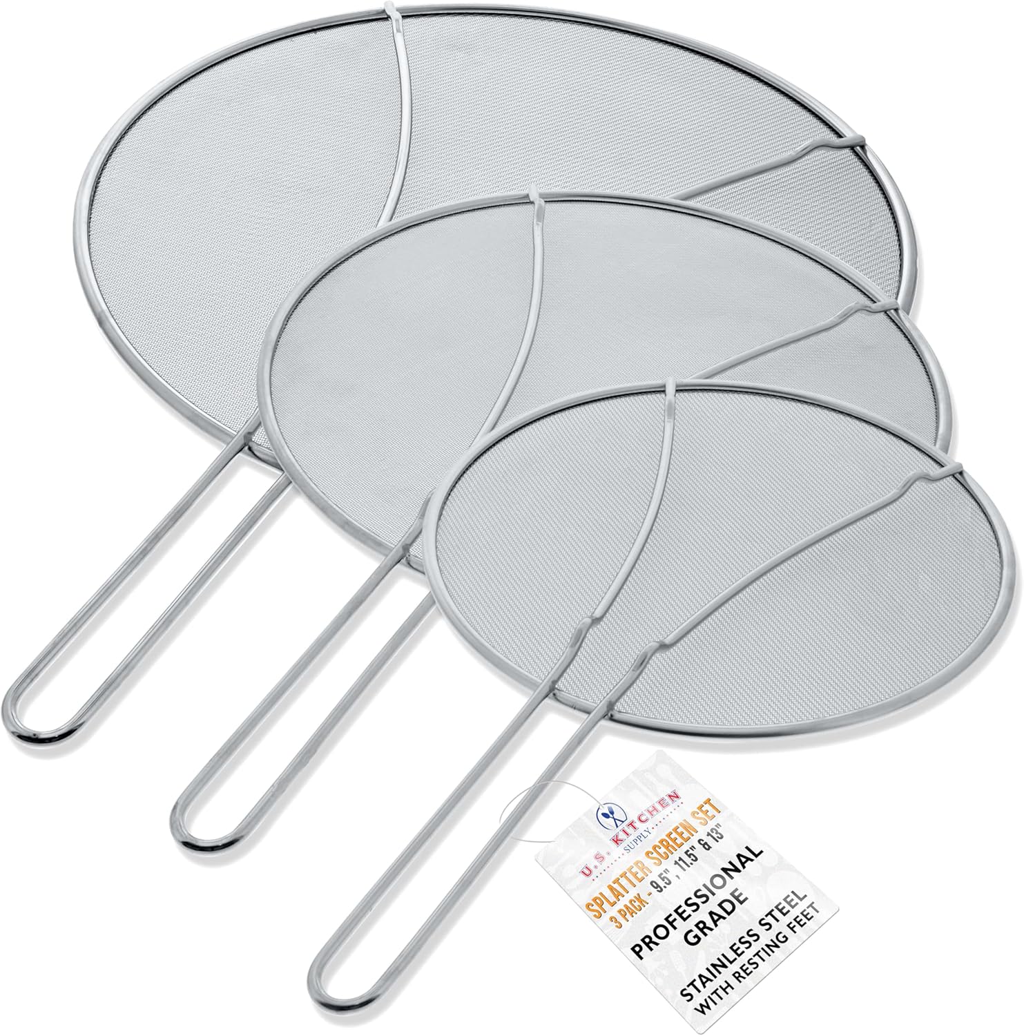 U.S. Kitchen Supply Set of 3 Stainless Steel Splatter Screen - 13inch, 11.5inch 9.5inch Sizes - Fine Mesh Splatter Screen with Resting Feet Set, Grease Guard for Kitchen Pots and Pans