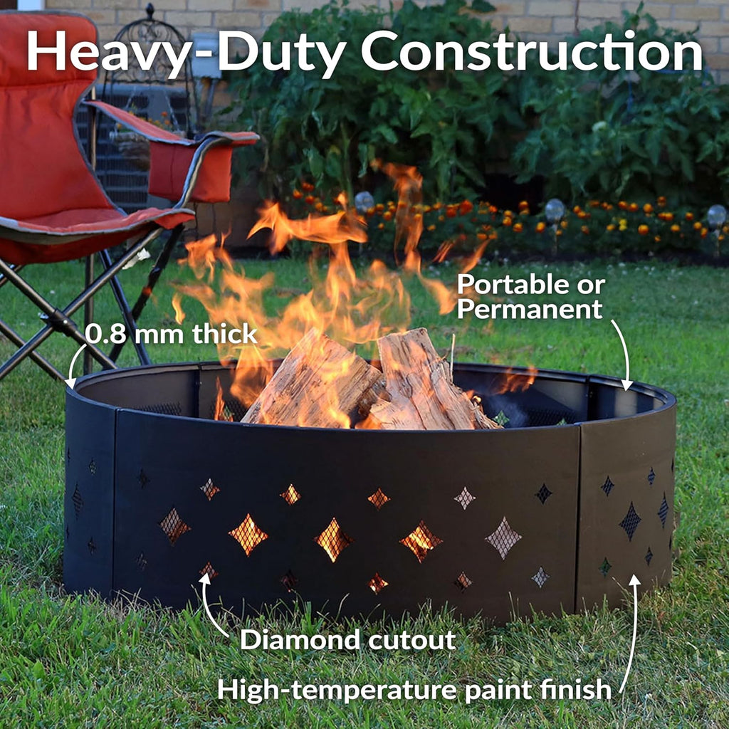 Sunnydaze 36-Inch Outdoor Fire Pit Ring with Poker - Round Heavy-Duty Steel Fire Ring for Camping or Backyard - Diamond - 10inch H