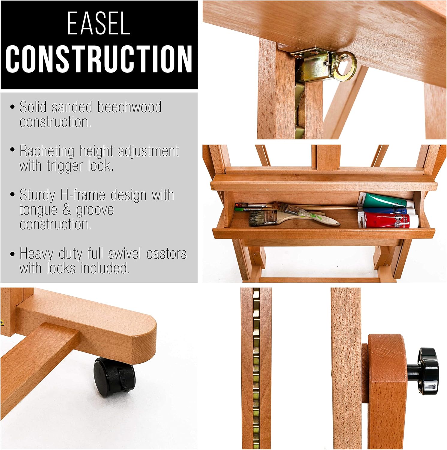 U.S Ar Suppl Heav Dut Extr Larg Adjustabl Woo H-Fram Ease Sturd Woode Stand Lockin Caste Wheel Studi Artis Ease fo Painting Canva Holde Display Sturd Beechwood
