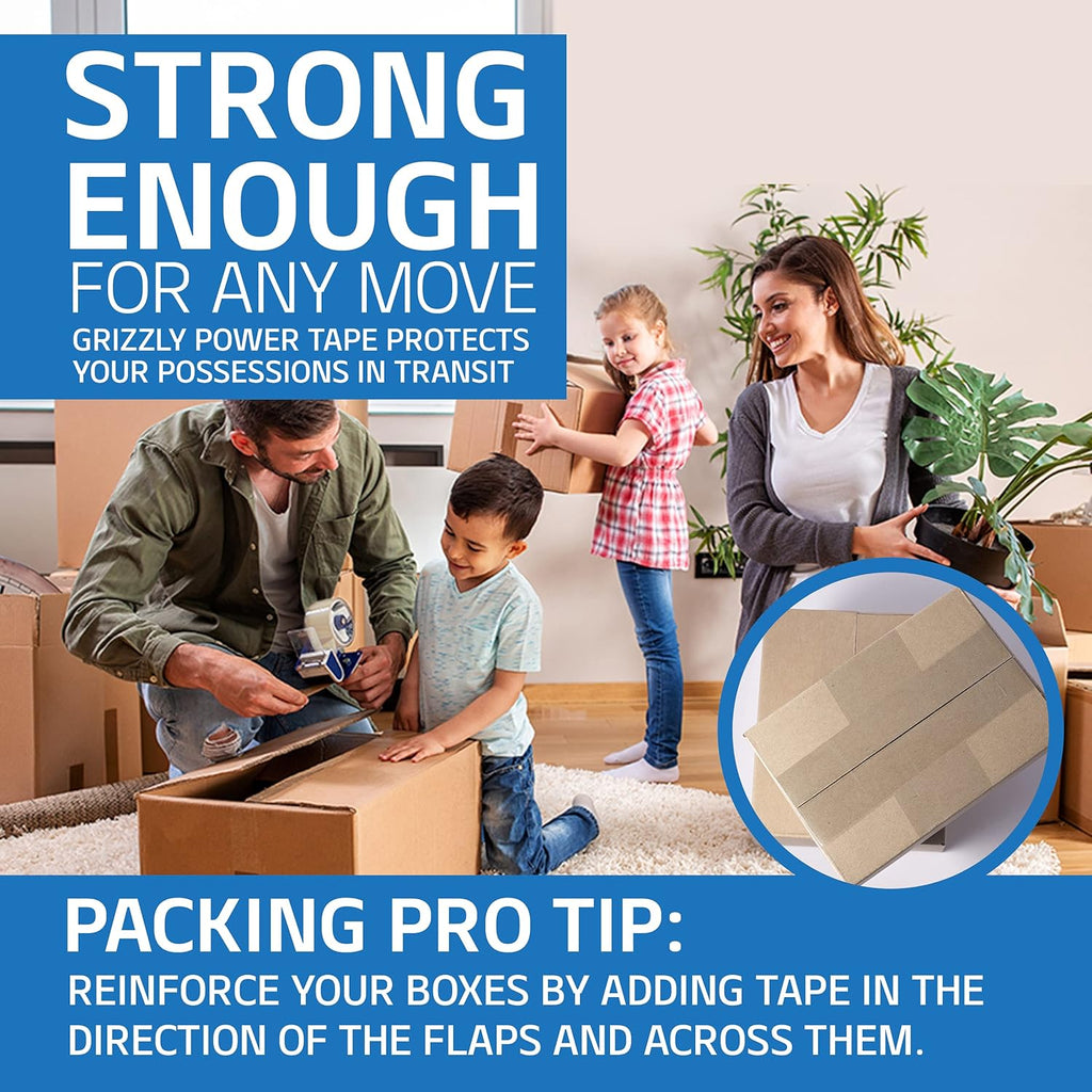Grizzly Power Clear Packing Tape (12 Rolls) | Heavy Duty Packing Tape (2 Inch x 65 Yards) | 2.8mil Thick Strong Adhesive for Moving Boxes, Shipping Cartons, Office Use, Storage Wrapping (780 Yards)
