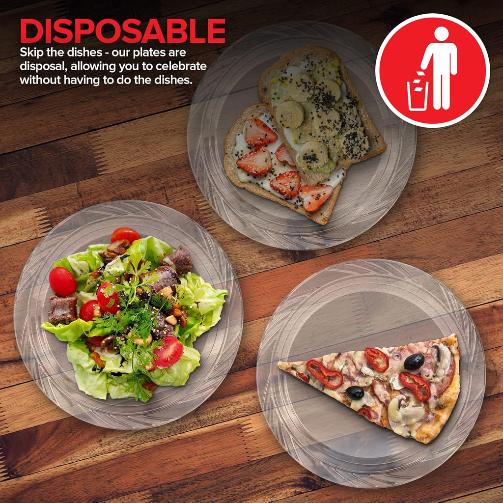Stock Your Home 240-Count, 7 Inch Clear Plastic Plates, Flexible, Disposable Heavy Duty Party Dinner Plate, for Wedding Reception, Holiday Parties, Cake, Dessert, Appetizers, Salad, Medium Size