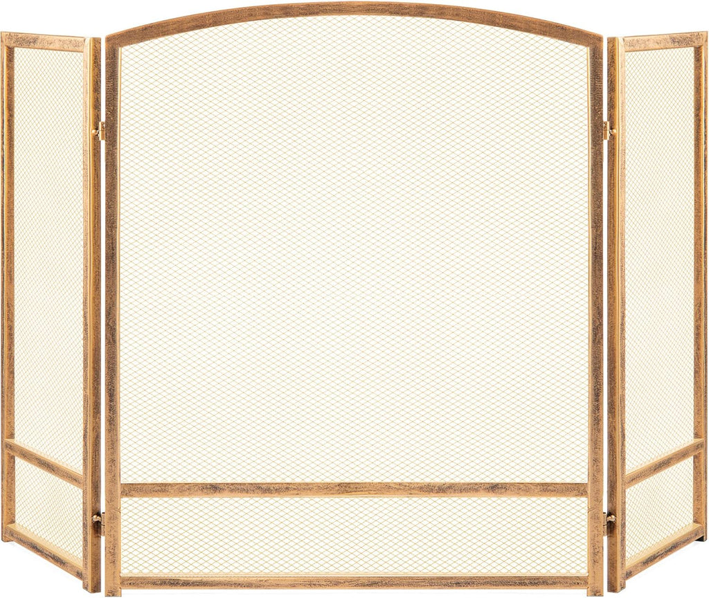 Best Choice Products 47.5x27.25in 3-Panel Simple Steel Mesh Fireplace Screen, Fire Spark Guard Grate for Living Room Home Decor w/Rustic Worn Finish - Antique Gold