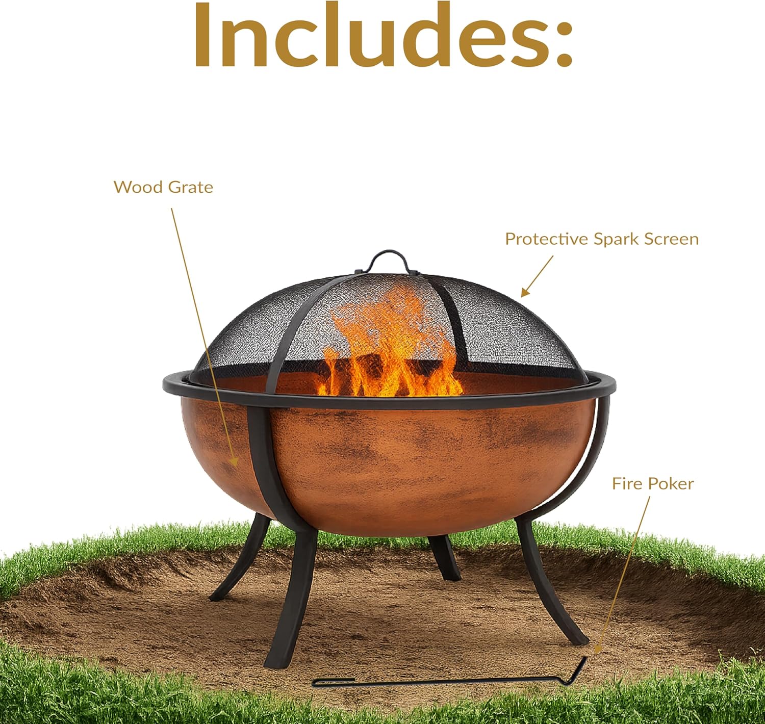 Sunnydaz 32-Inc Coppe Fir Pi fo Outsid Wood-Burnin Fir Pi Bow wit Spar Screen Woo Grate an Poker
