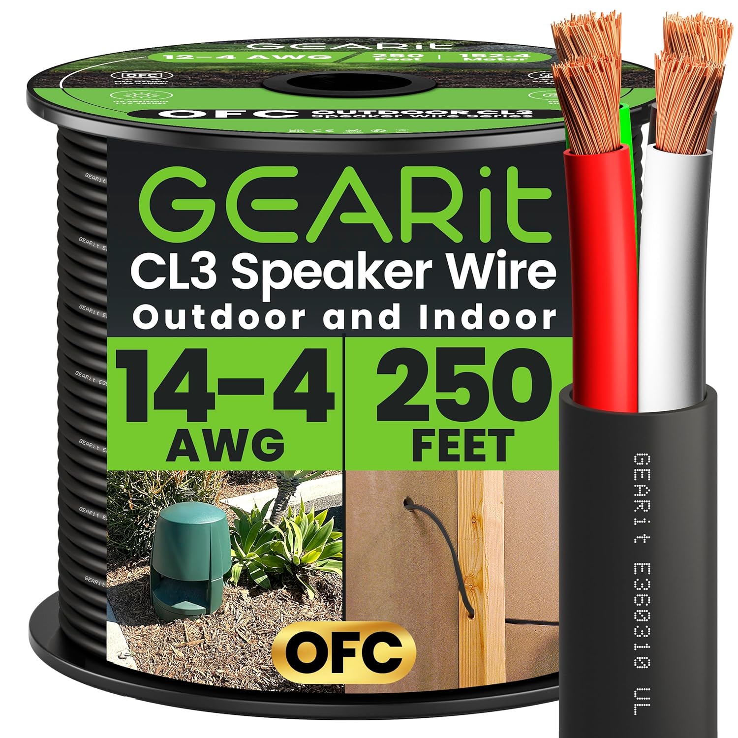 GEARit Outdoor Speaker Wire CL3 Rated, 14 Gauge Speaker Wire, Speaker Cable 250 ft for Outdoor Speakers, Patio, Garden, Backyard Audio, Direct Burial in Ground/in Wall, OFC (Black, 4-Conductors)