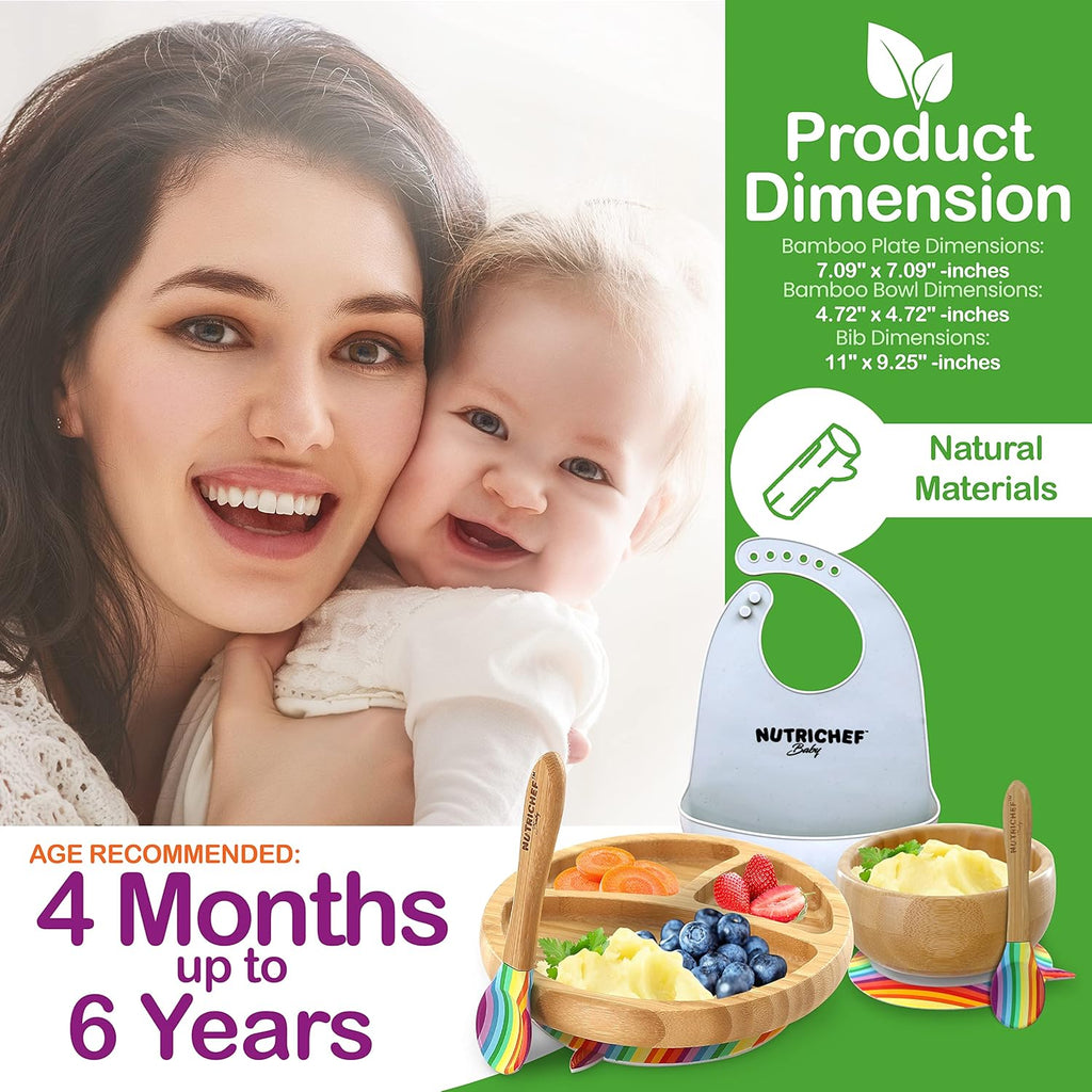 NutriChe Bab an Toddler compartmen plate bowl an spoo feedin set silicon suction Non-toxi al natura Bambo bab foo plat wit silicon bi (Rainbow) Small