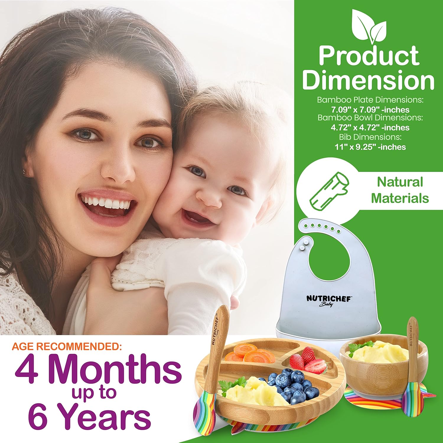 NutriChe Bab an Toddler compartmen plate bowl an spoo feedin set silicon suction Non-toxi al natura Bambo bab foo plat wit silicon bi (Rainbow) Small