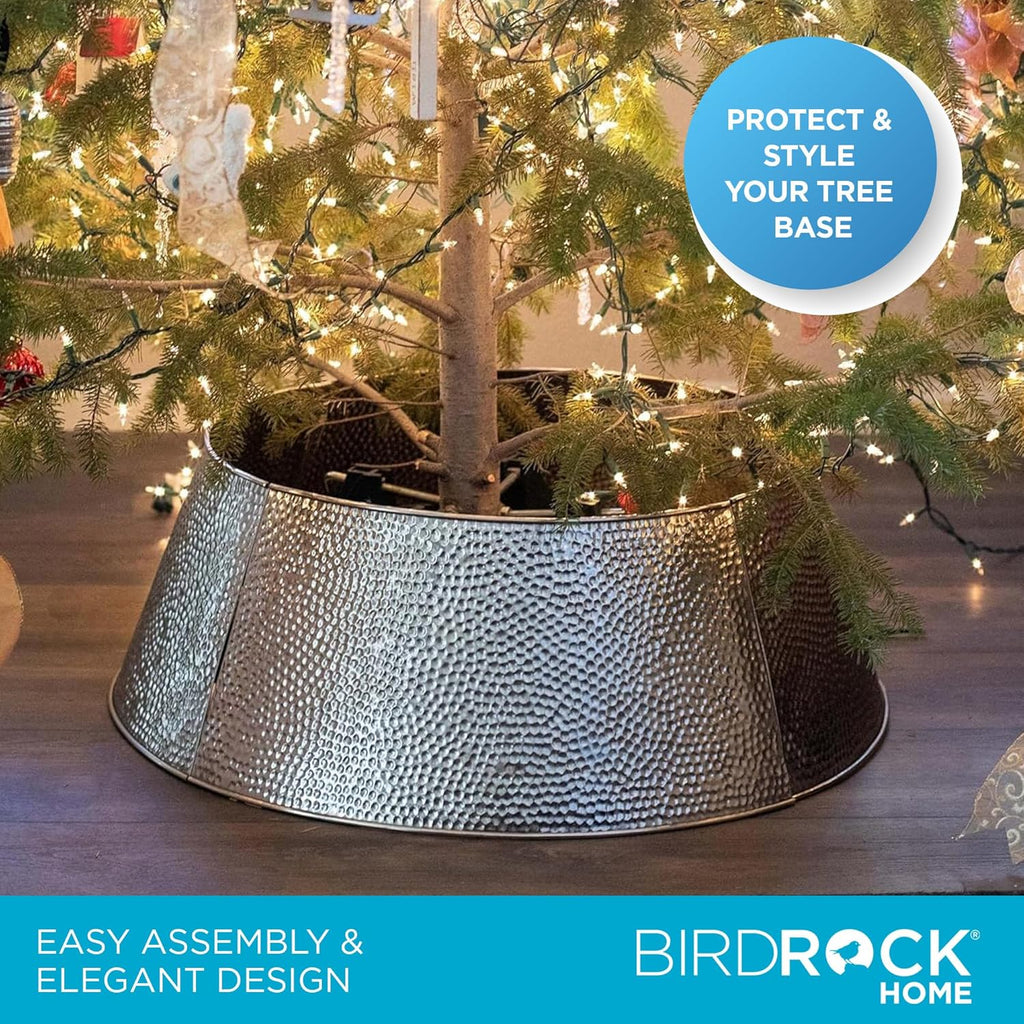 BIRDROCK HOME 4-Panel Christmas Tree Collar - Metal Holiday Skirt Decor - Water Base Protection from Pets (Silver - Hammered)