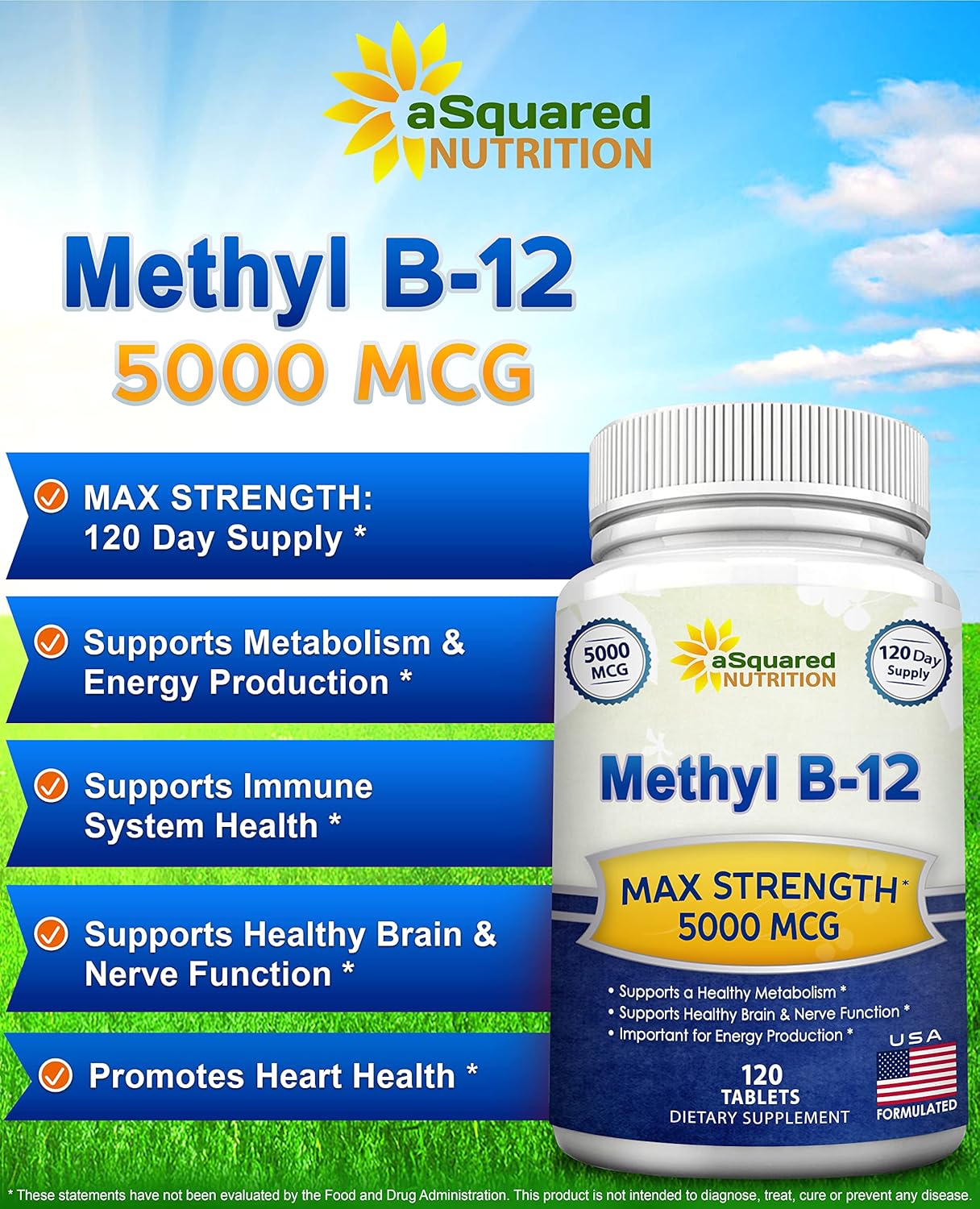 aSquare Nutritio Vitami B12-500 MC Supplemen wit Methylcobalami (Methy B-12 Ma Strengt Vitami 1 Suppor t Hel Boos Natura Energy Benefi Brai Hear Functio 12 Tablets