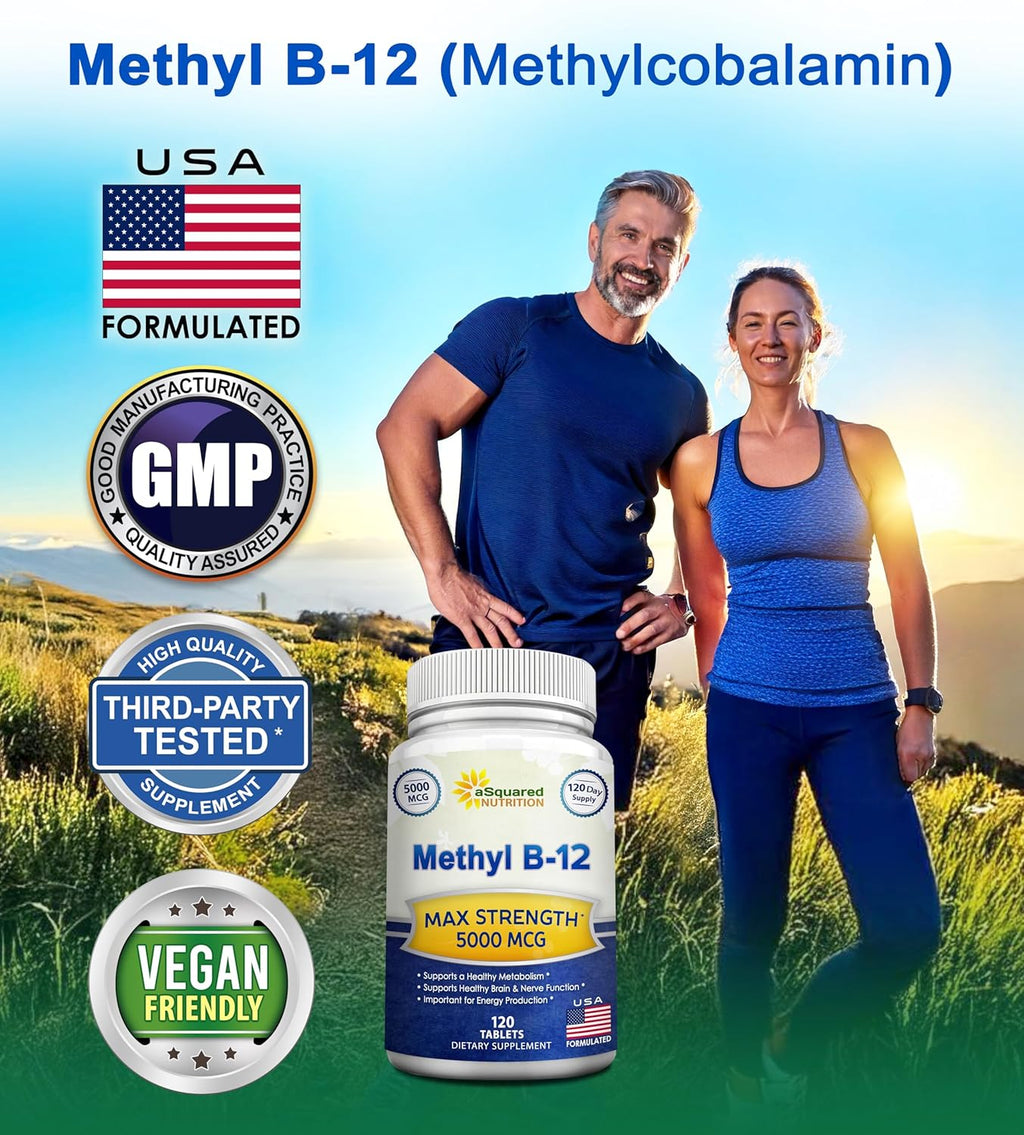 aSquare Nutritio Vitami B12-500 MC Supplemen wit Methylcobalami (Methy B-12 Ma Strengt Vitami 1 Suppor t Hel Boos Natura Energy Benefi Brai Hear Functio 12 Tablets