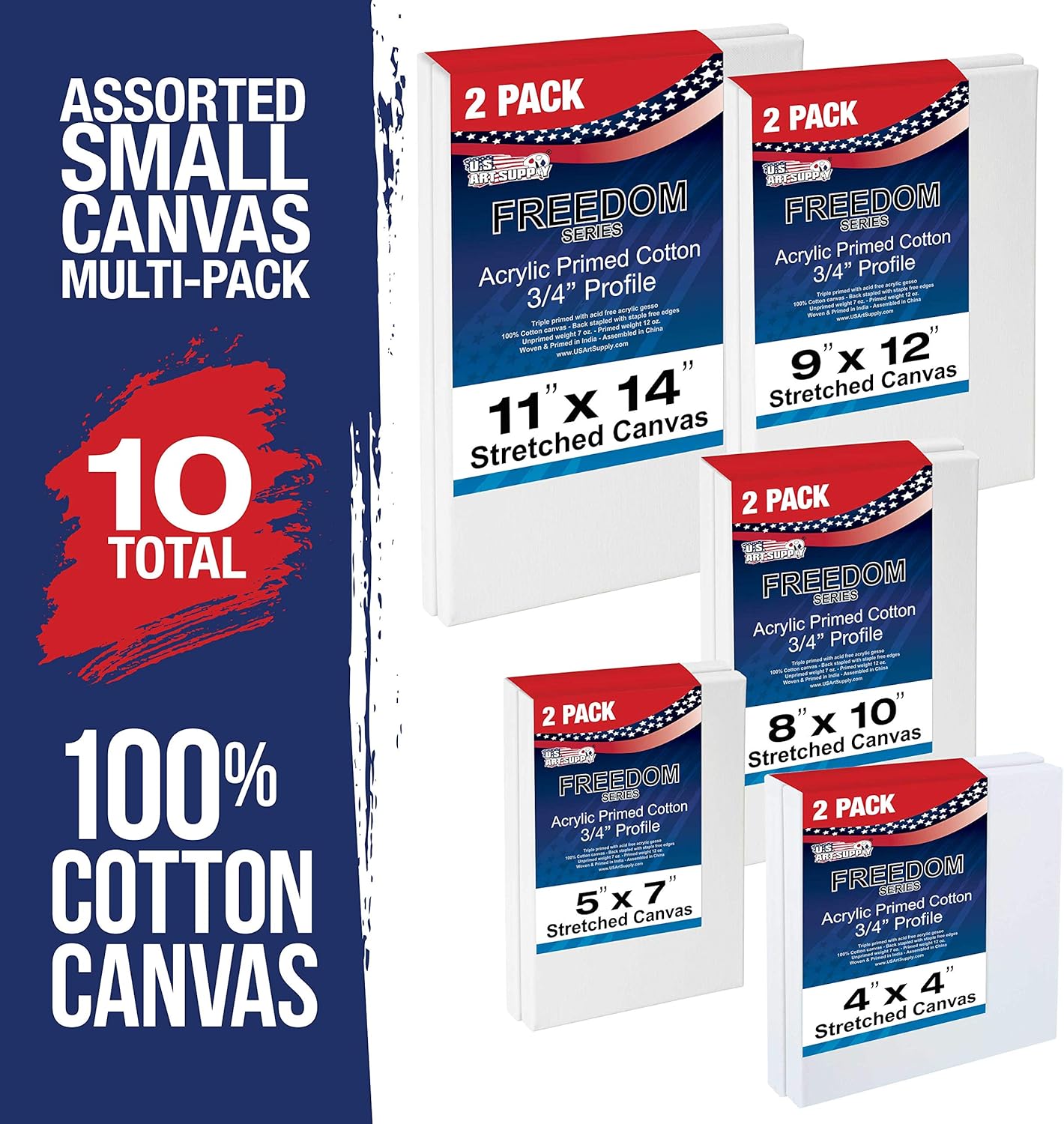 U.S. Art Supply Professional Quality Stretched Canvas, Multipack of 10 Small Sizes, 2 Each 4x4, 5x7, 8x10, 9x12, 11x14 Inches - 12-Ounce Primed, 3/4inch, 100% Cotton - Painting, Acrylic Pouring, Oil