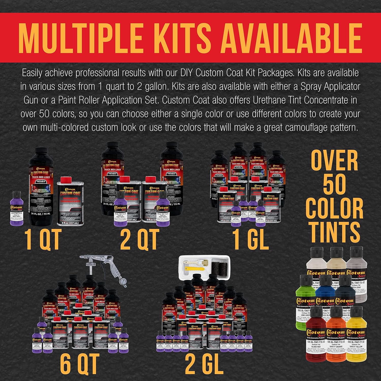 Custom Coat Bright Purple 1 Gallon Urethane Spray-On Truck Bed Liner Kit with Spray Gun and Regulator - Easy Mixing, Shake, Shoot It - Durable Textured Protective Coating, Prevent Rust - Car, Auto