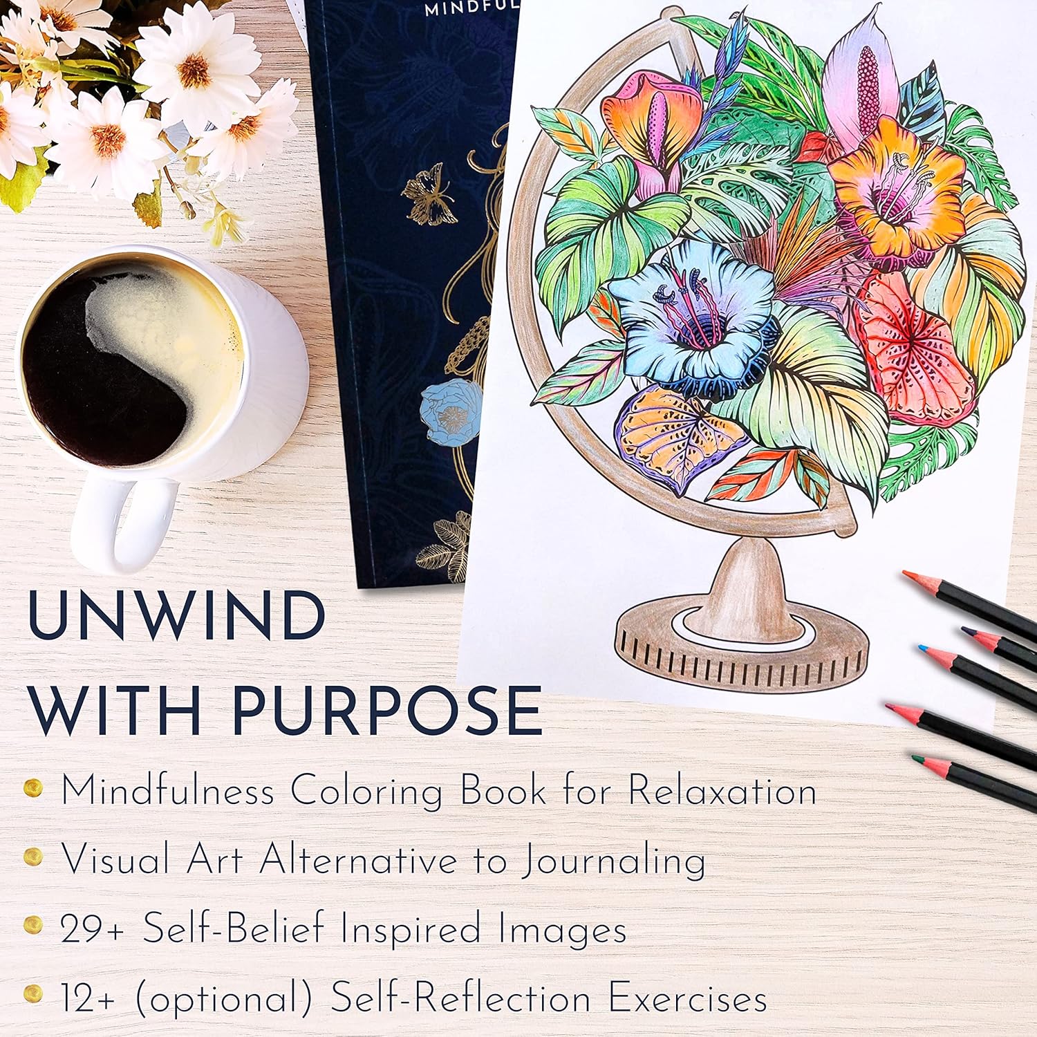RYVE Adult Coloring Book for Women ¨C Mindfulness & Personal Growth Prompts for Relaxation ¨C Anxiety, Stress Relief & Relaxation Gifts for Women, Coloring Books for Adults Relaxation