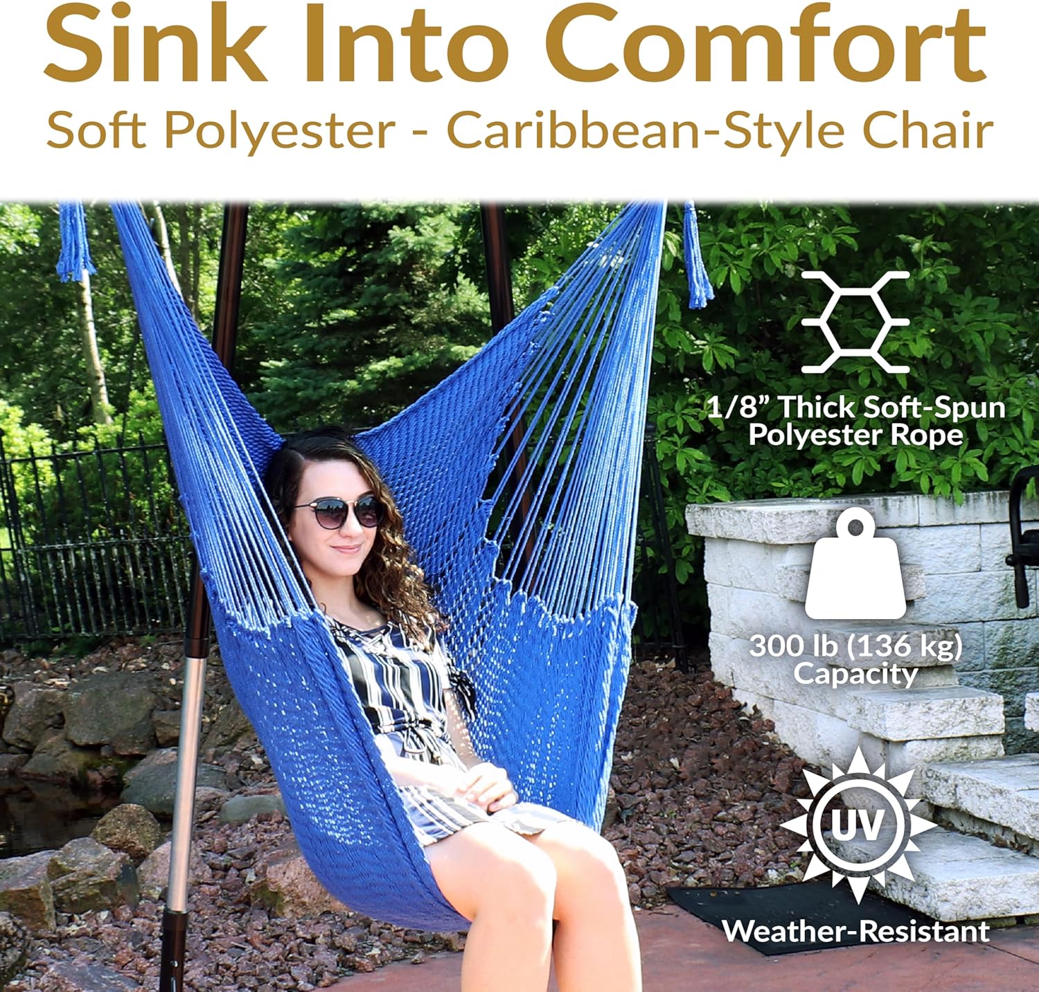 Sunnydaze Outdoor Hammock Chair Swing - Hanging Hammock Swing - Hanging Reading Chair - Soft-Spun Polyester Rope - Caribbean XL - Blue