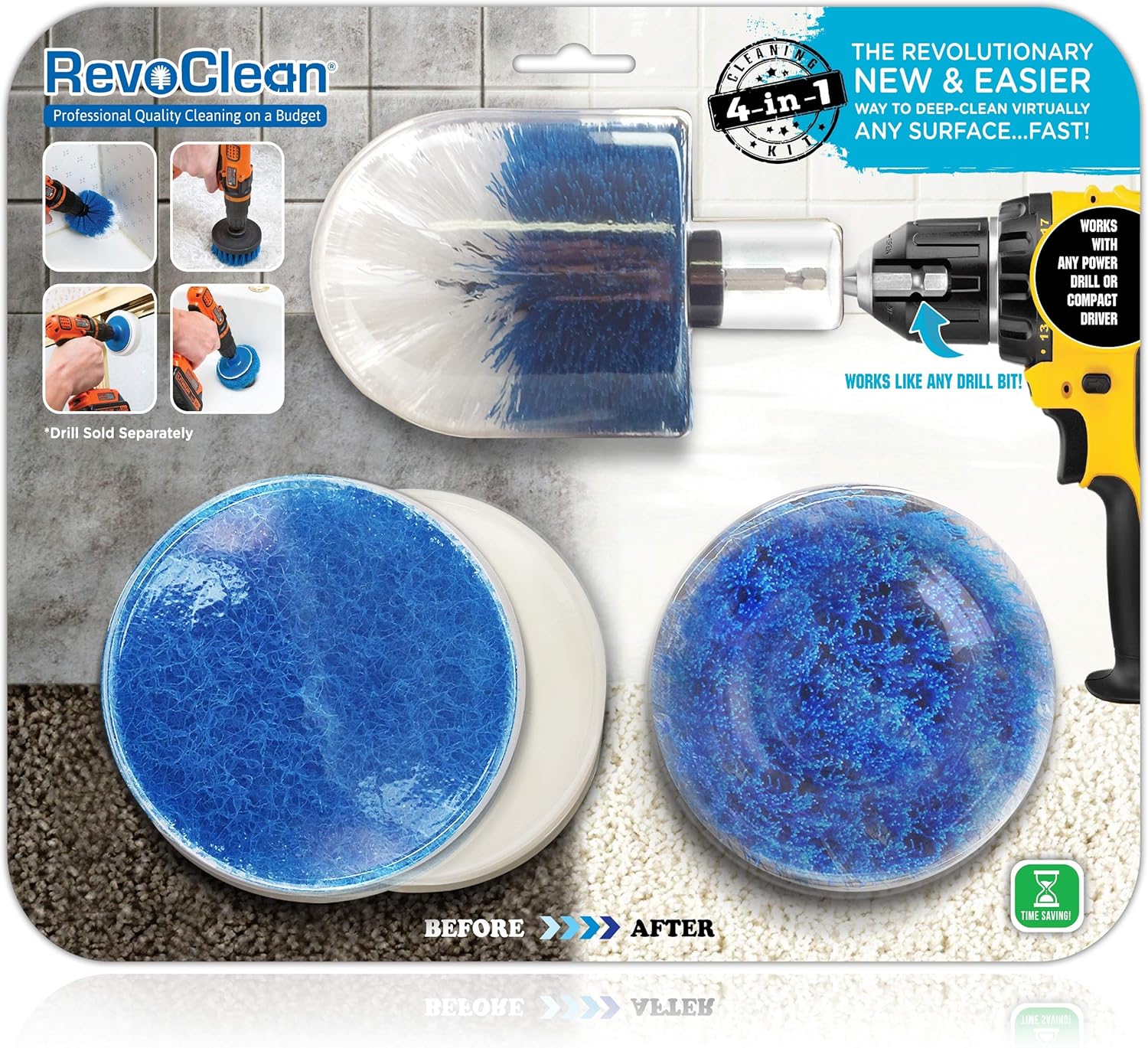 RevoClea Piec Scru Brus Powe Dril Attachments-Al Purpos Tim Savin Kit-Perfec fo Cleanin Grout Tile Counter Shower Grill Floor Kitchen Blu White