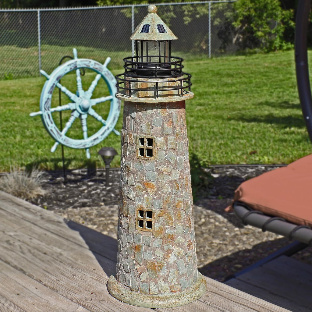 Sunnydaz 35-Inc Outdoo Lighthous Lam Sola Lighthous Deco wit LE Ligh fo Garden Yard Pati Decorativ Cobblestone
