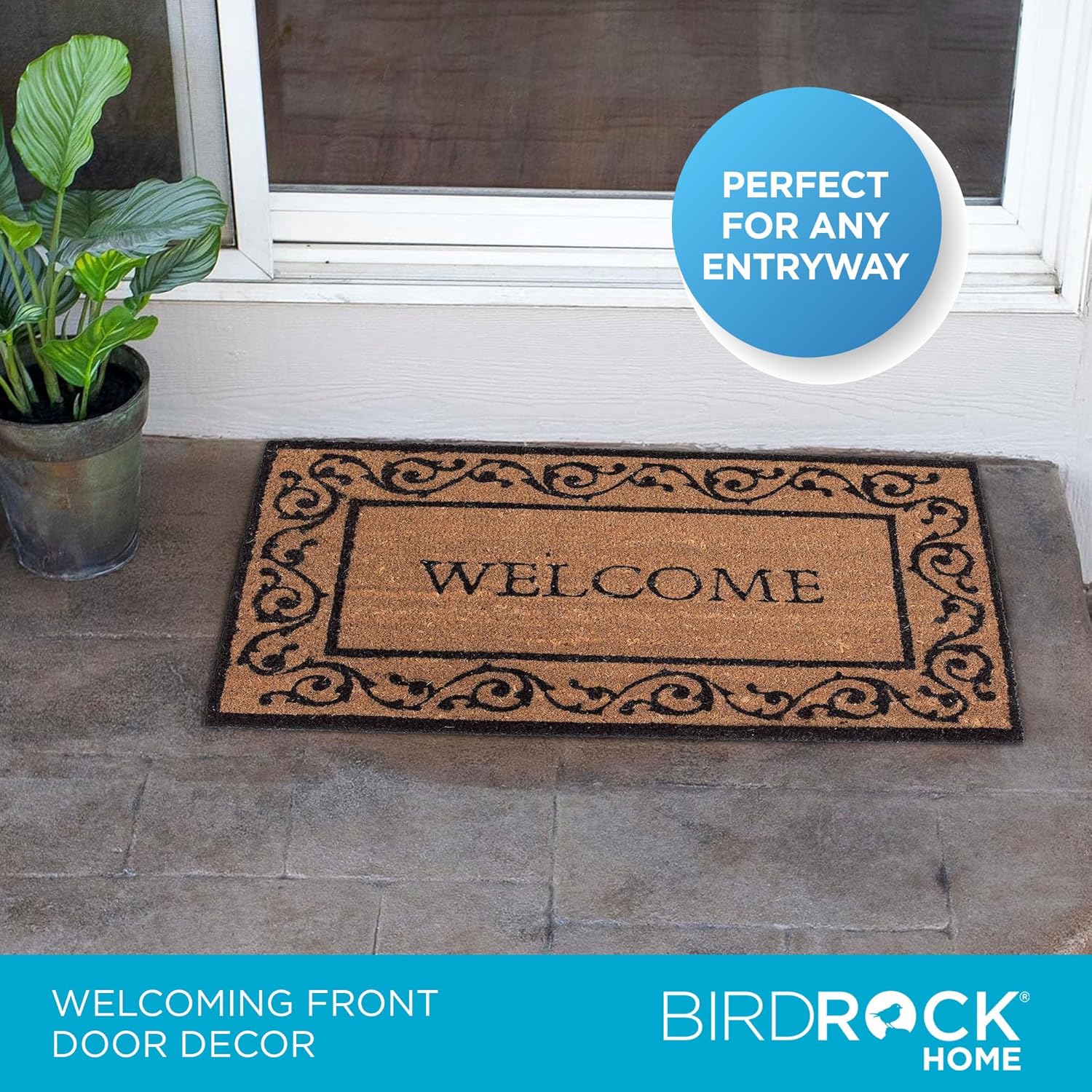 BIRDROCK HOME Welcome Coir Doormat with Scroll Border | 18 x 30 Inch | Standard Welcome Mat with Black Decorative Border | Natural Fade | Vinyl Backed | Outdoor
