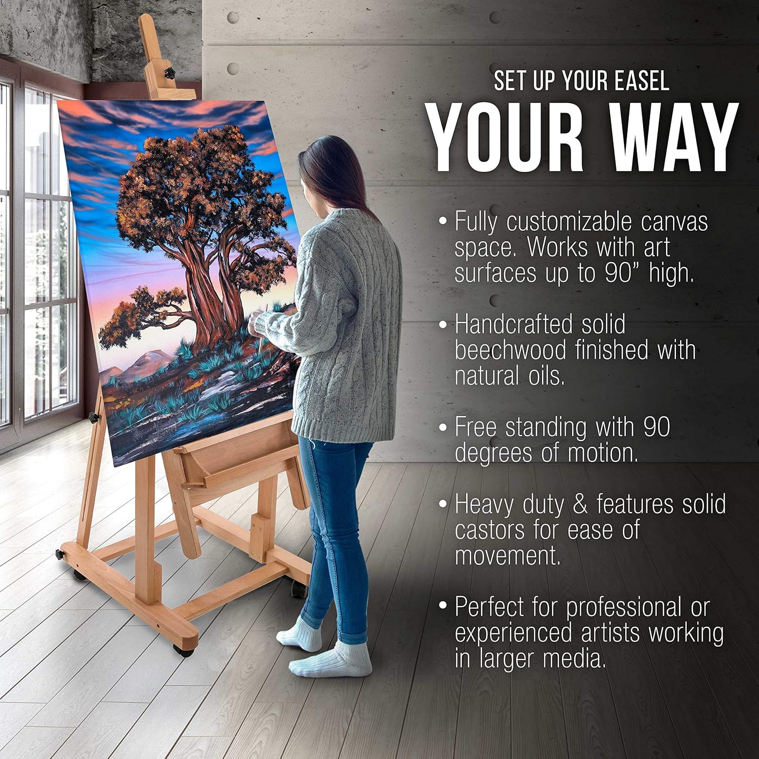 U.S Ar Suppl Heav Dut Extr Larg Adjustabl Woo H-Fram Ease Sturd Woode Stand Lockin Caste Wheel Studi Artis Ease fo Painting Canva Holde Display Sturd Beechwood