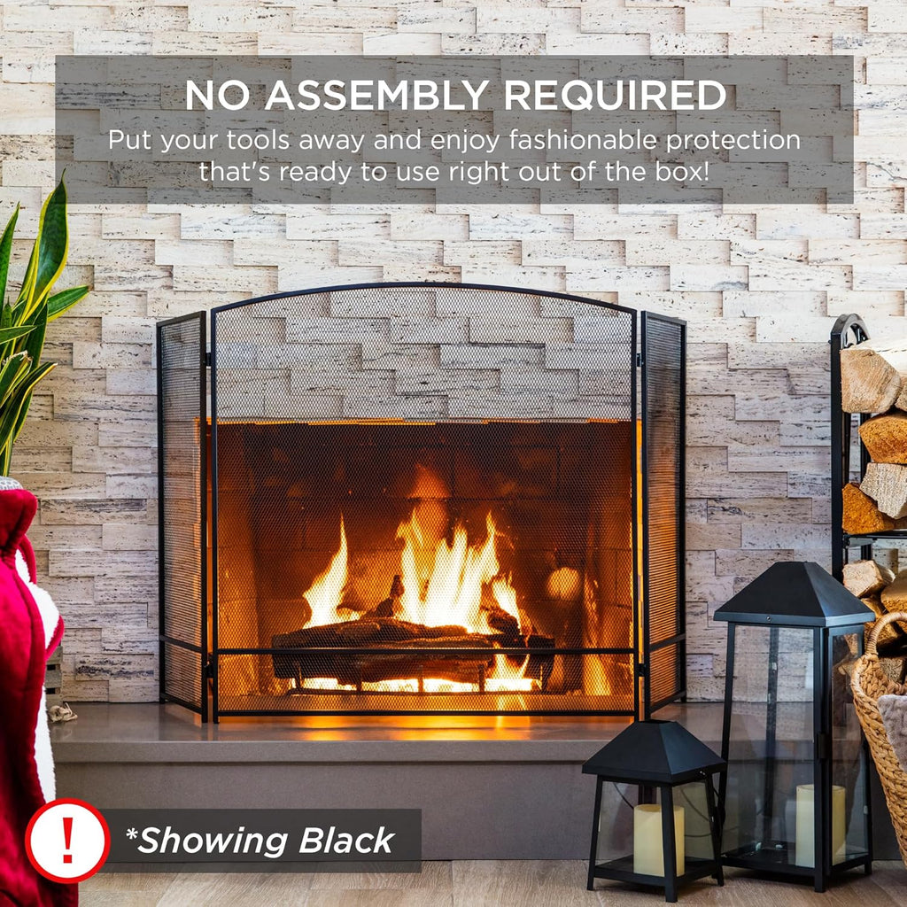 Best Choice Products 47.5x27.25in 3-Panel Simple Steel Mesh Fireplace Screen, Fire Spark Guard Grate for Living Room Home Decor w/Rustic Worn Finish - Antique Gold