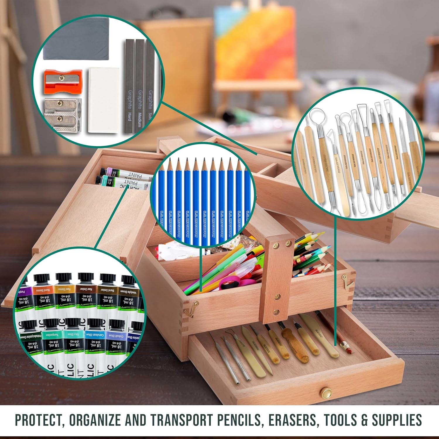 U.S Ar Suppl Multi-Functio Artis Too Suppl Bo wit Lockin Clasp Too Storag Bo Woode Ar Bo fo Artis Supplies Brushes Pencils Erasers Too Storag Organize Case